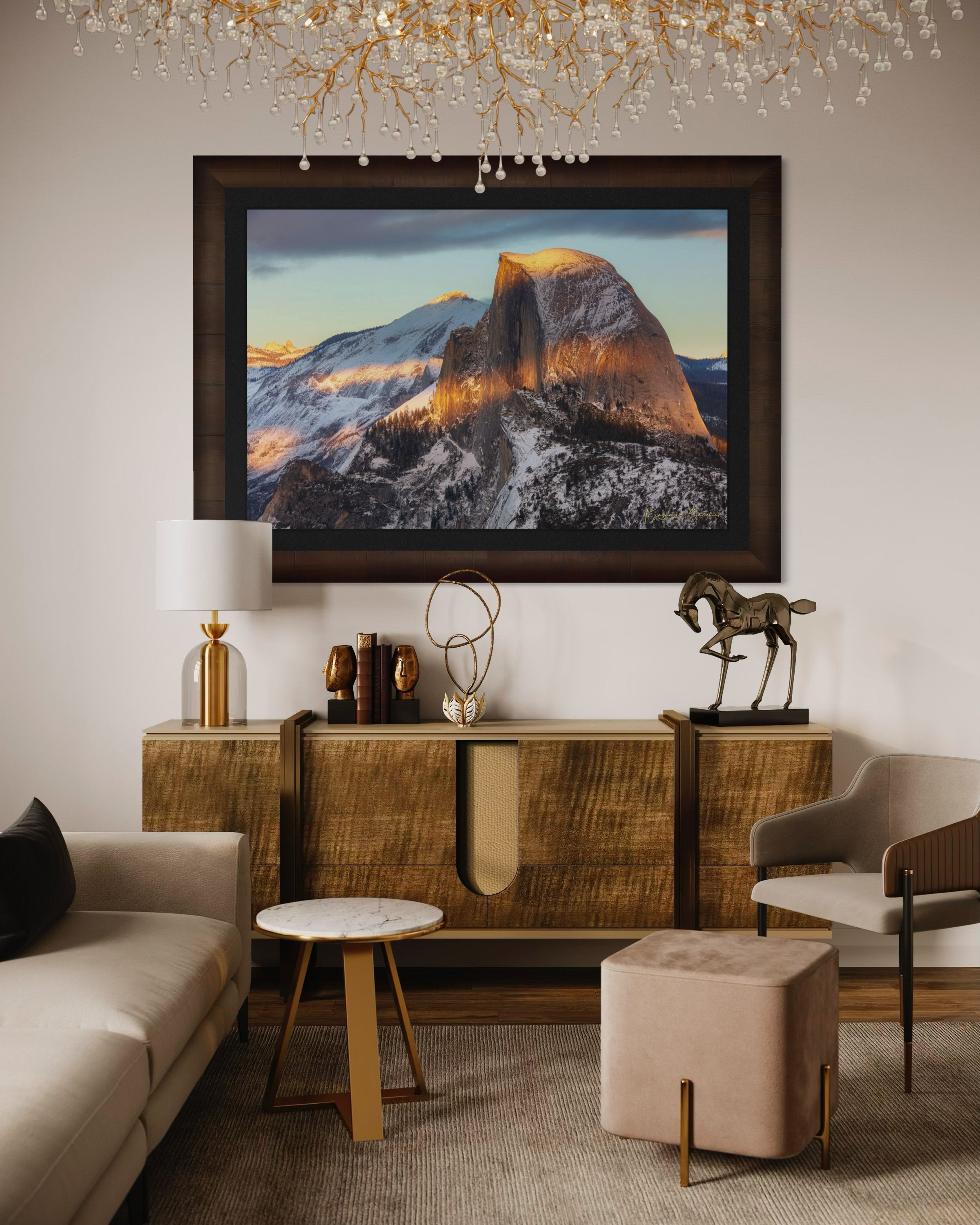 Half Dome monolith illuminated by golden sunset light amidst snow-covered peaks and clouds in Yosemite National Park. #Finish_Roma Cigar Leaf Frame & Dark Liner
