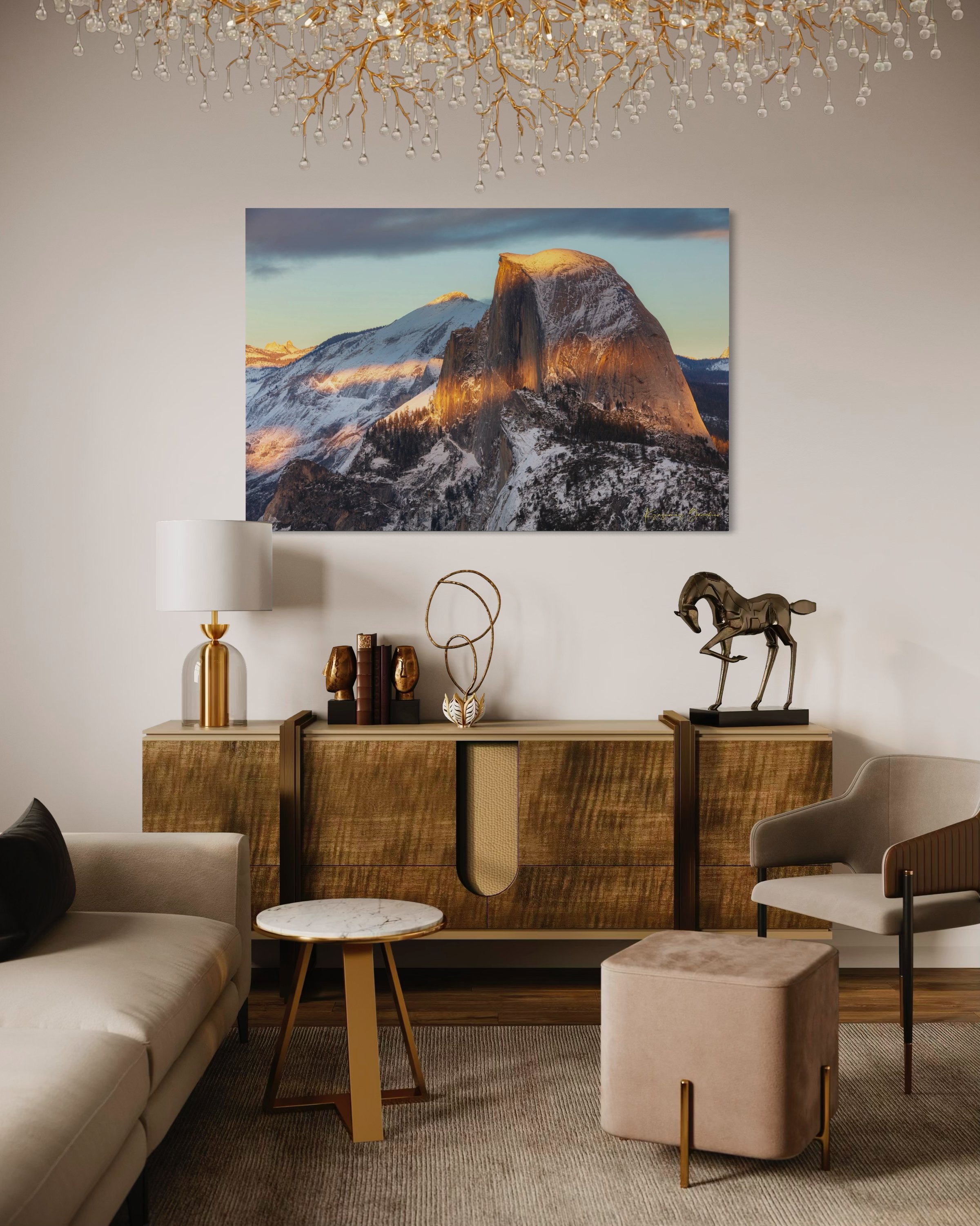 Half Dome monolith illuminated by golden sunset light amidst snow-covered peaks and clouds in Yosemite National Park. #Finish_Acrylic Recess
