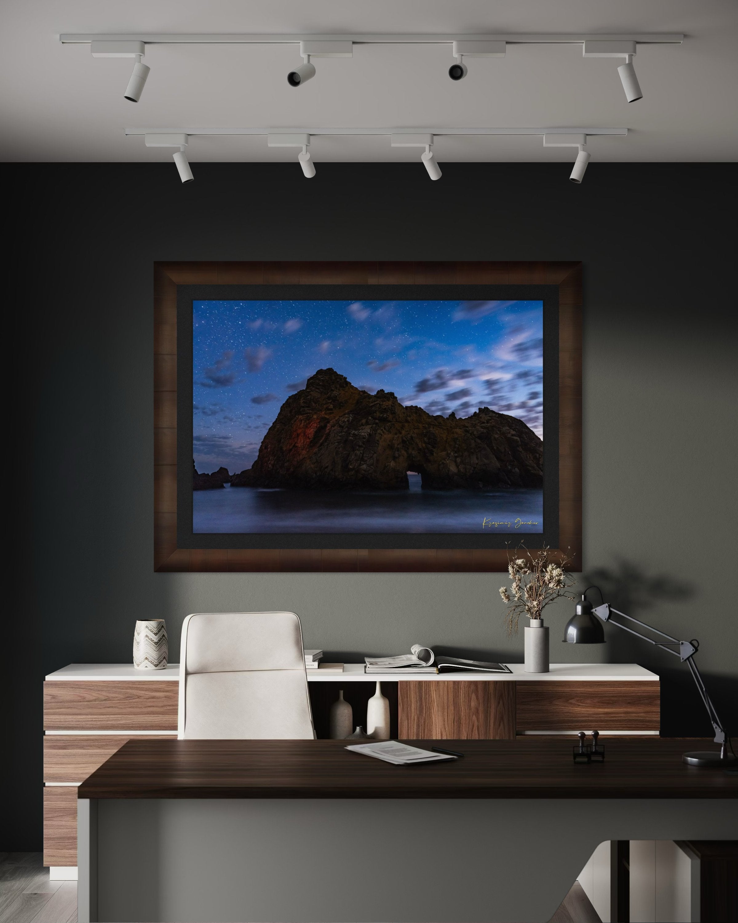 Keyhole Arch silhouette against a starry sky over the ocean at Pfeiffer Beach in Big Sur, California. #Finish_Roma Cigar Leaf Frame & Dark Liner