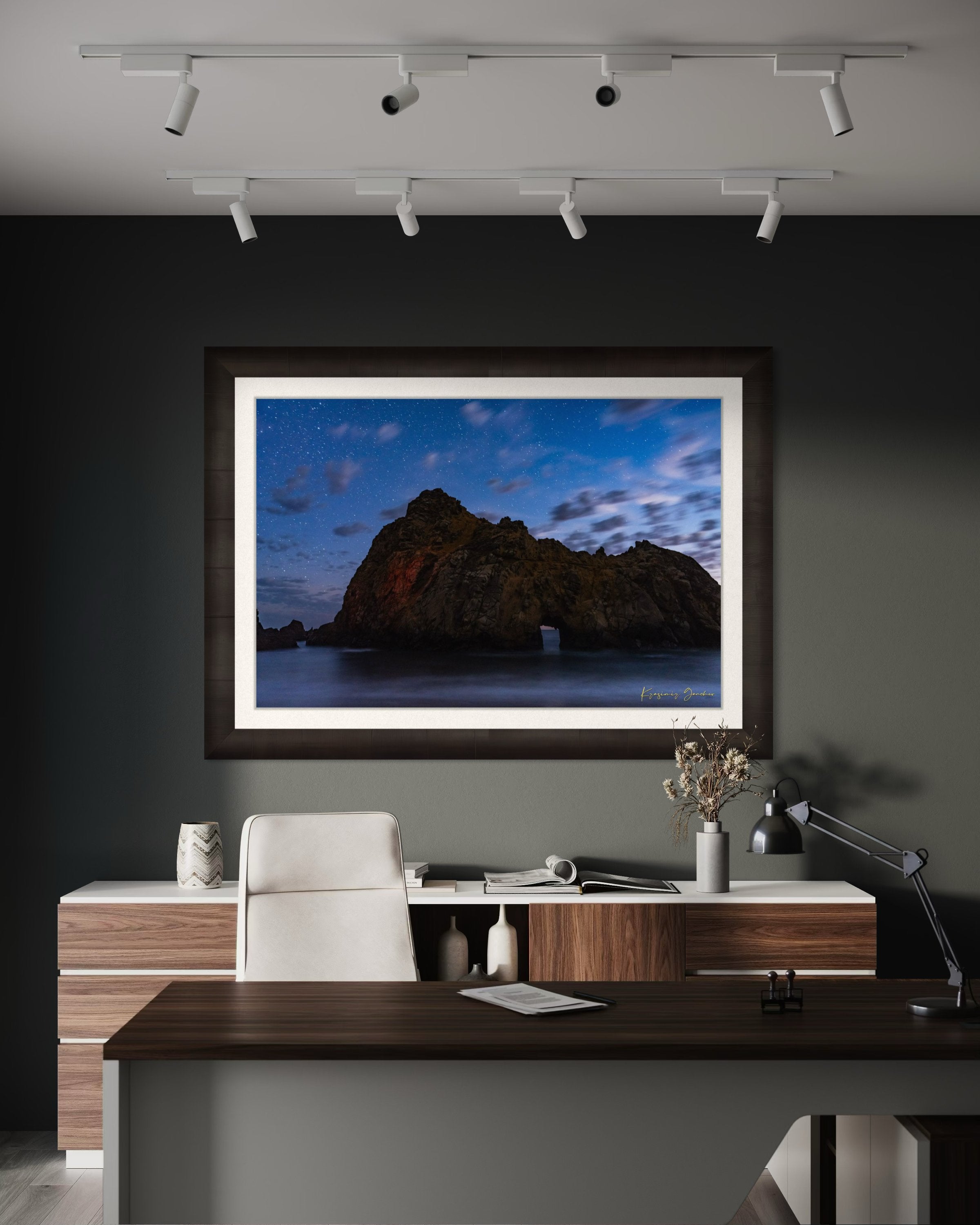 Keyhole Arch silhouette against a starry sky over the ocean at Pfeiffer Beach in Big Sur, California. #Finish_Roma Dark Ash Frame & Bright Liner