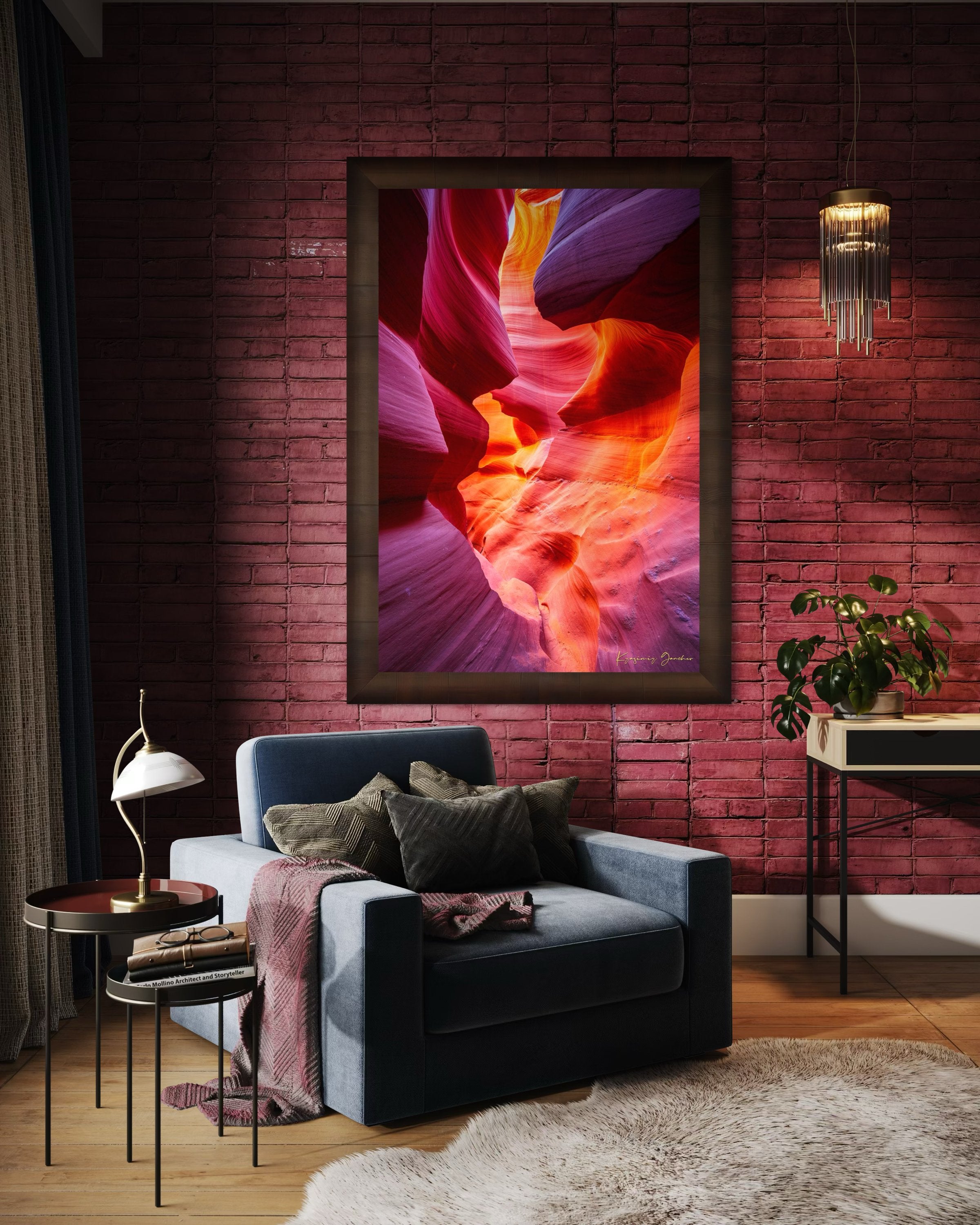 Sculpted sandstone canyon walls in Antelope Canyon, Page, illuminated by natural daylight. #Finish_Roma Cigar Leaf Frame
