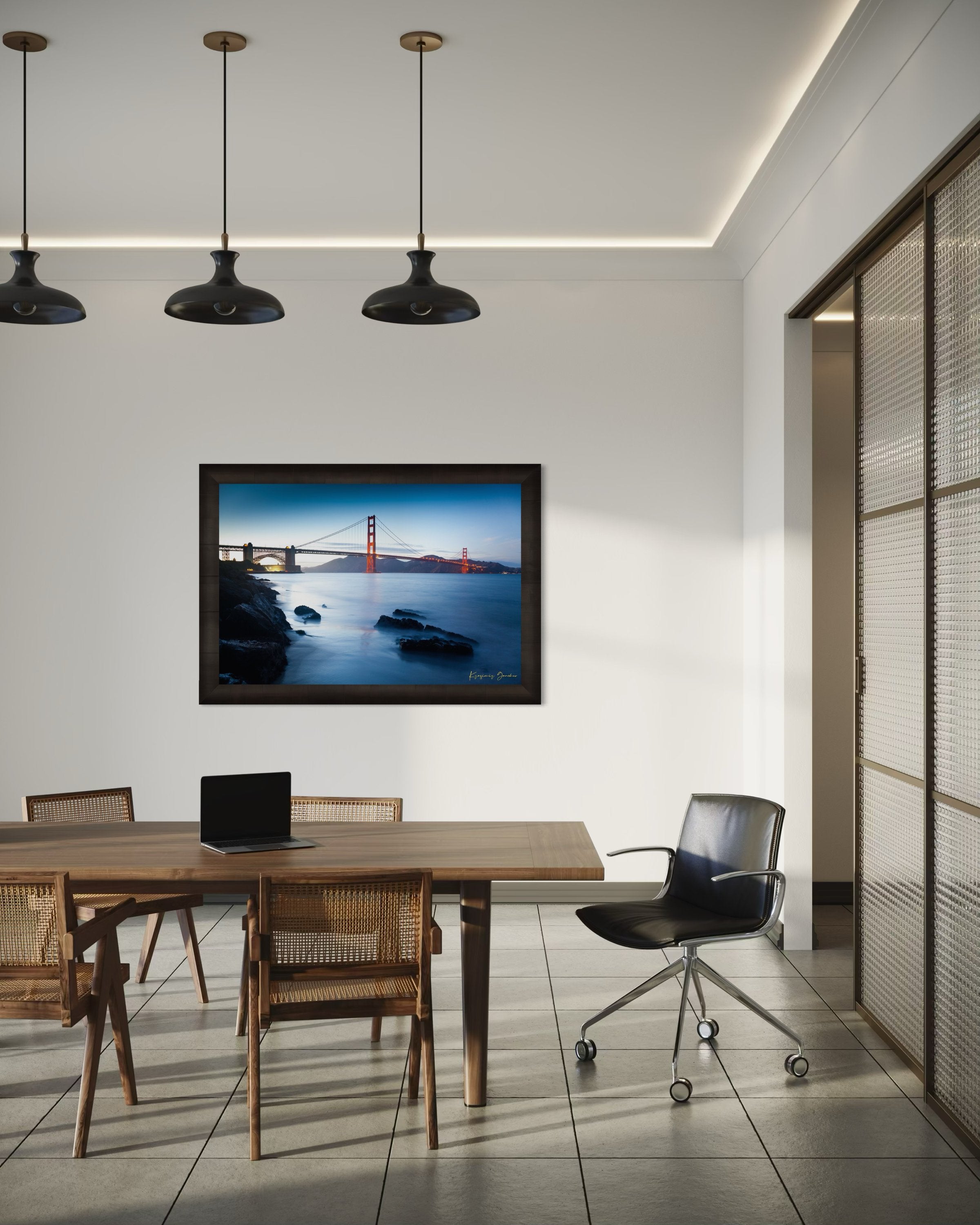 Golden Gate Bridge at dusk overlooking San Francisco Bay with calm water reflecting the sky. #Finish_Roma Dark Ash Frame