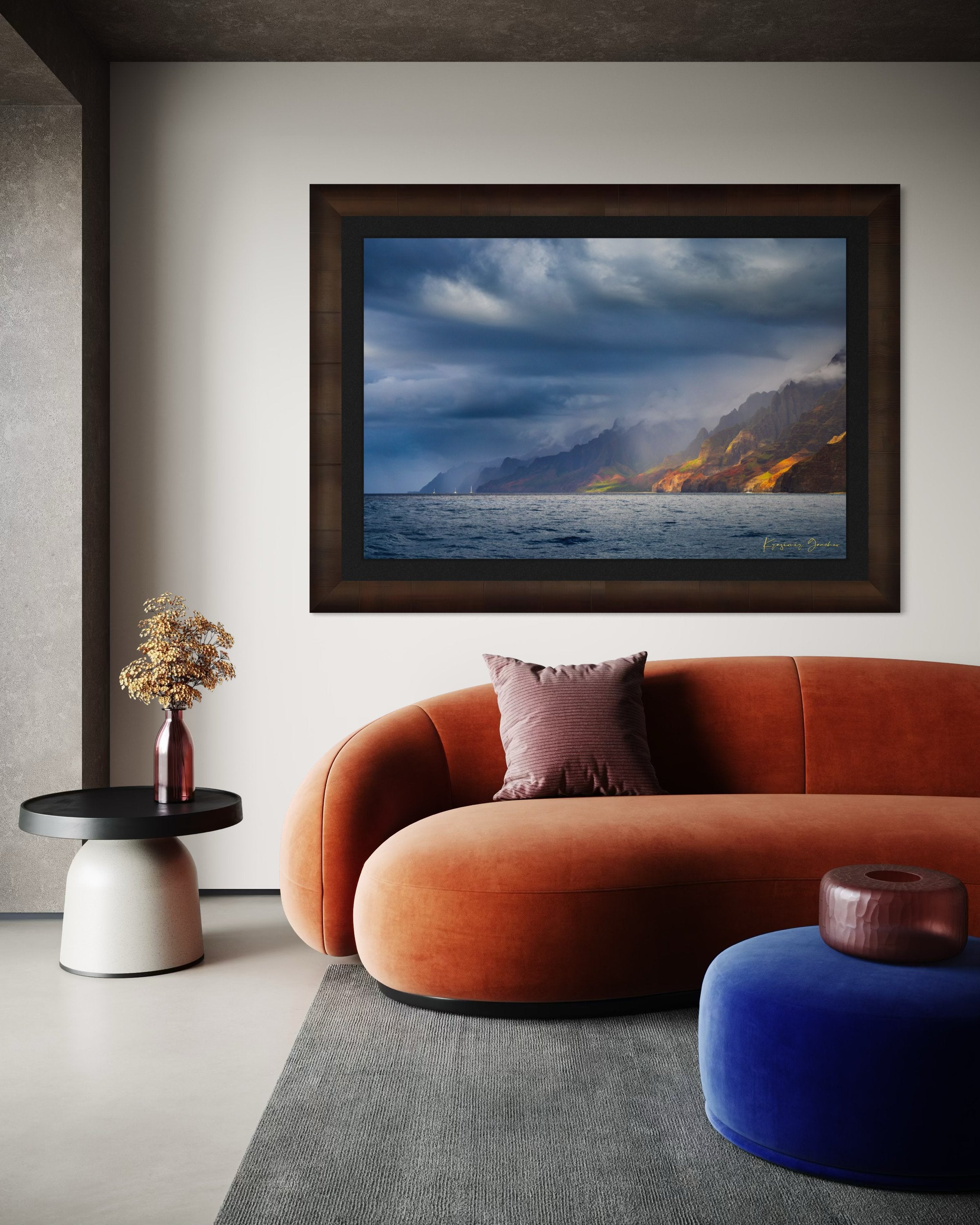 Cliffs and coastal terrain of Napali Coast, Kauai, under daylight with rain showers and cloud cover. #Finish_Roma Cigar Leaf Frame & Dark Liner