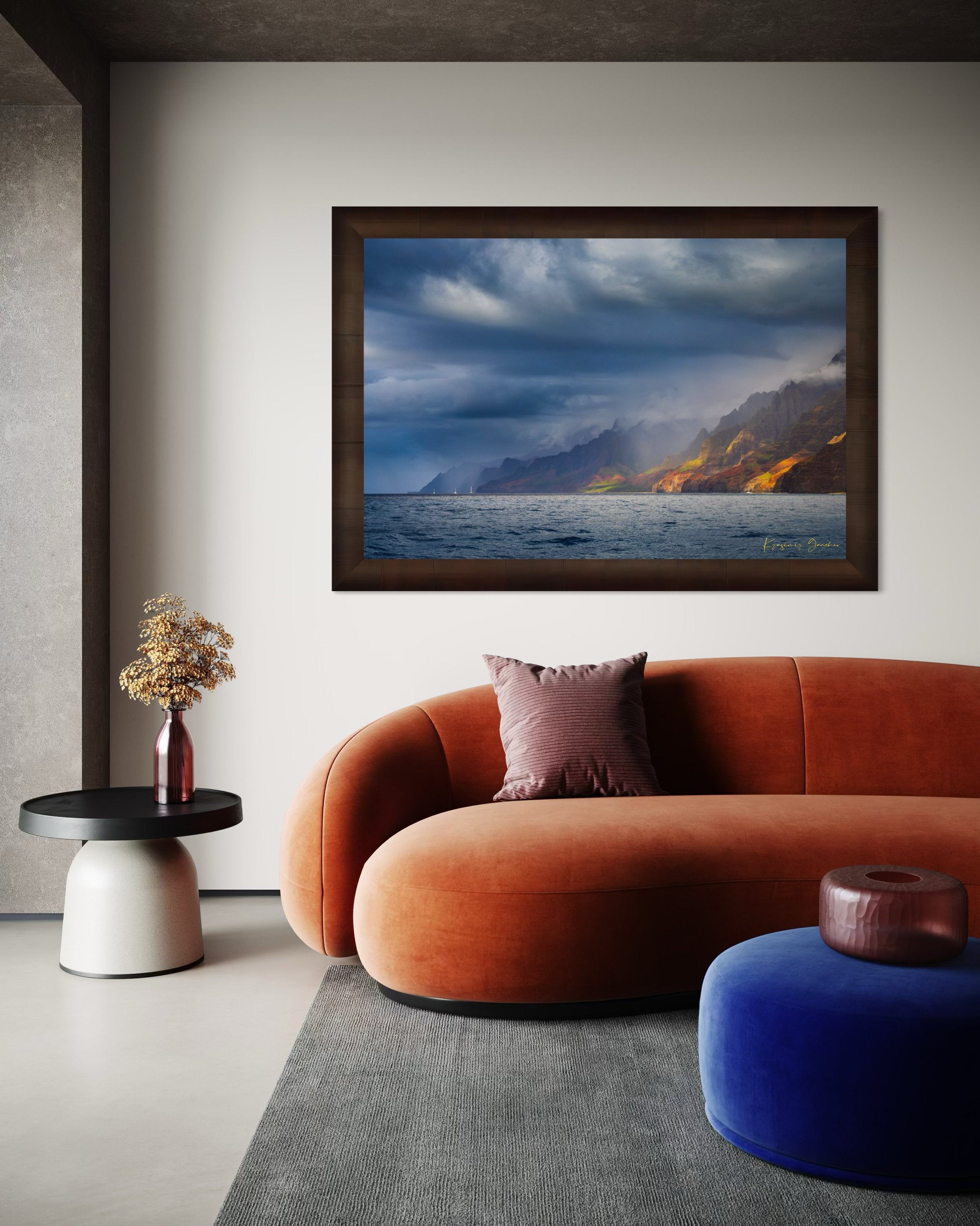 Cliffs and coastal terrain of Napali Coast, Kauai, under daylight with rain showers and cloud cover. #Finish_Roma Cigar Leaf Frame