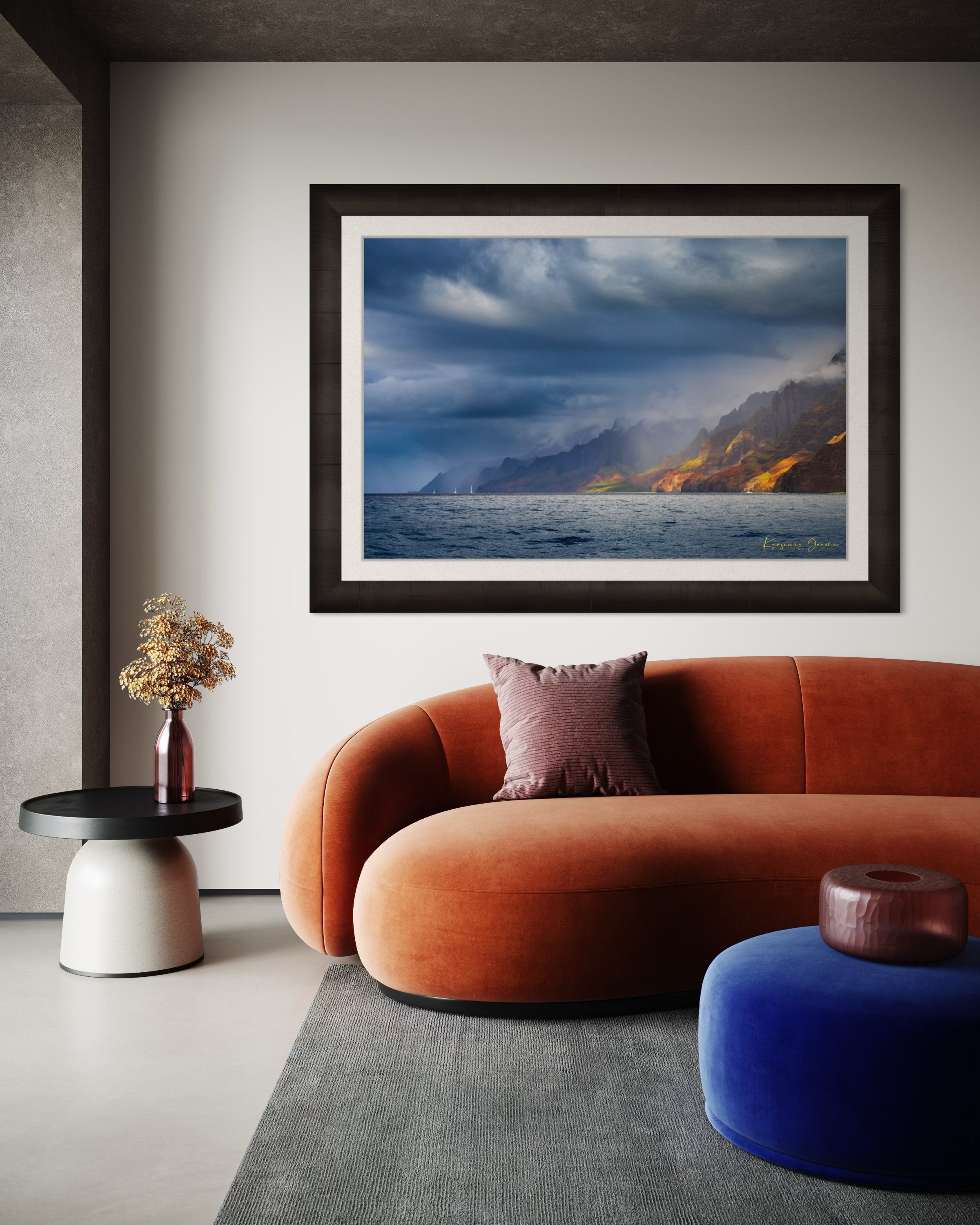 Cliffs and coastal terrain of Napali Coast, Kauai, under daylight with rain showers and cloud cover. #Finish_Roma Dark Ash Frame & Bright Liner
