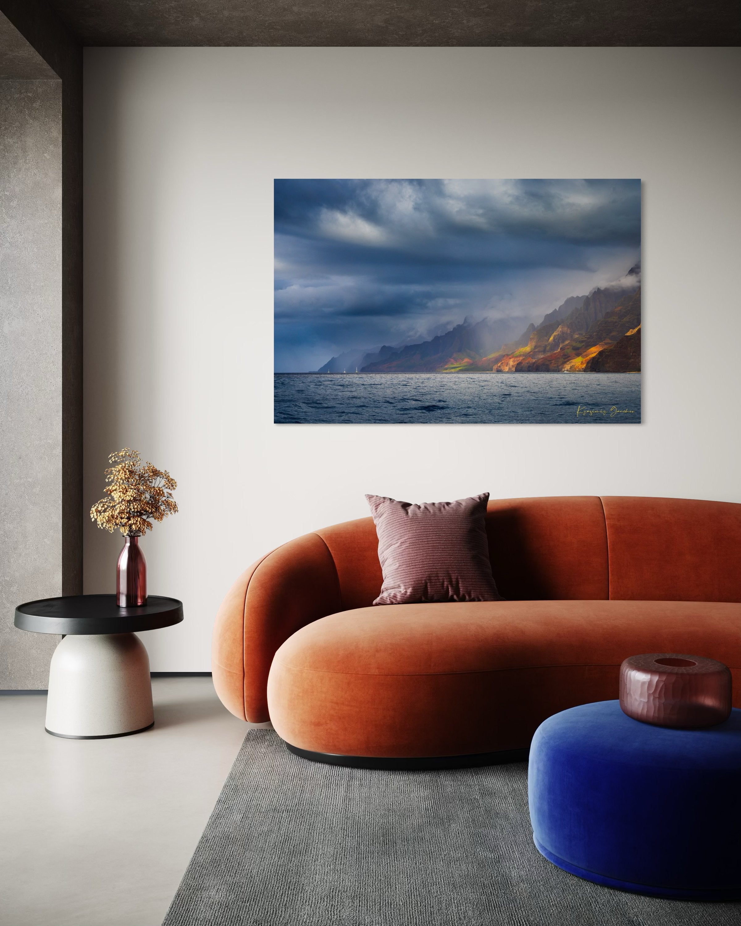 Cliffs and coastal terrain of Napali Coast, Kauai, under daylight with rain showers and cloud cover. #Finish_Acrylic Recess