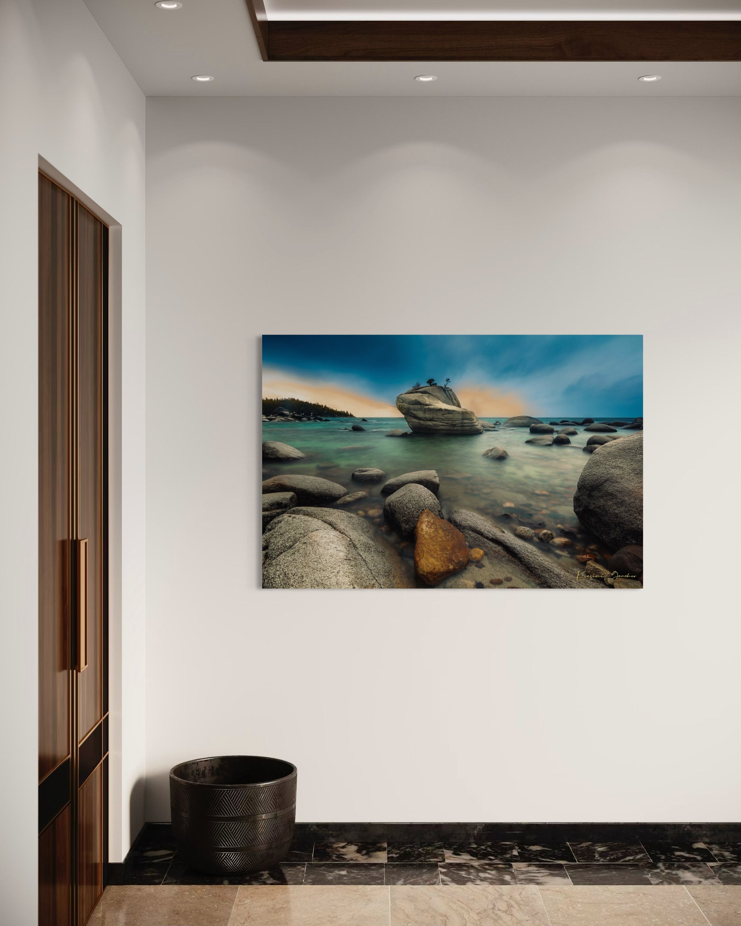 Bonsai Rock formation beside a calm lake in Lake Tahoe during sunset with gentle ripples and clouds. #Finish_Acrylic Recess