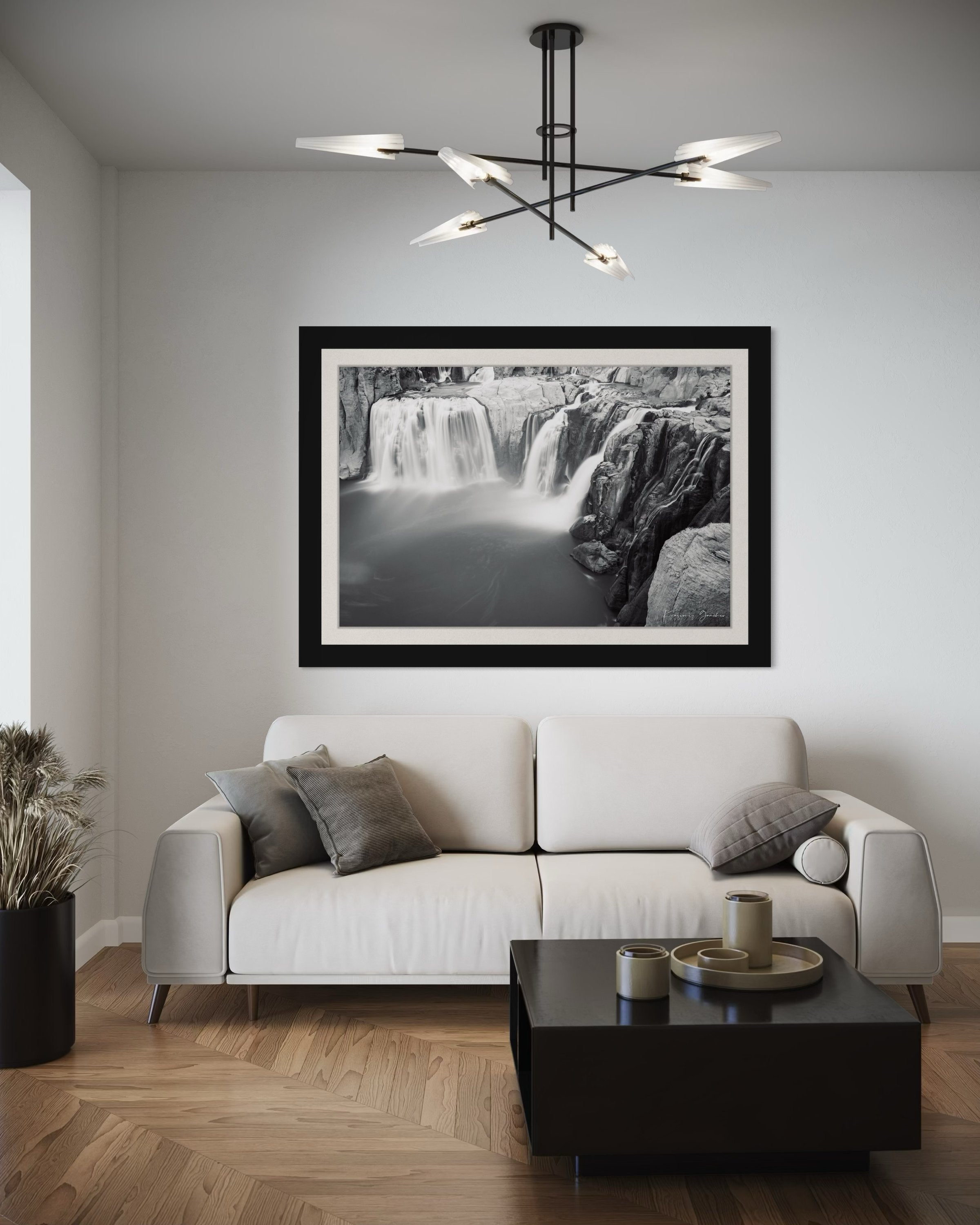 Black and white photograph of a powerful Shoshone Falls waterfall cascading into dark recesses with blurred water motion. #Finish_Roma Satin Black Frame & Bright Liner