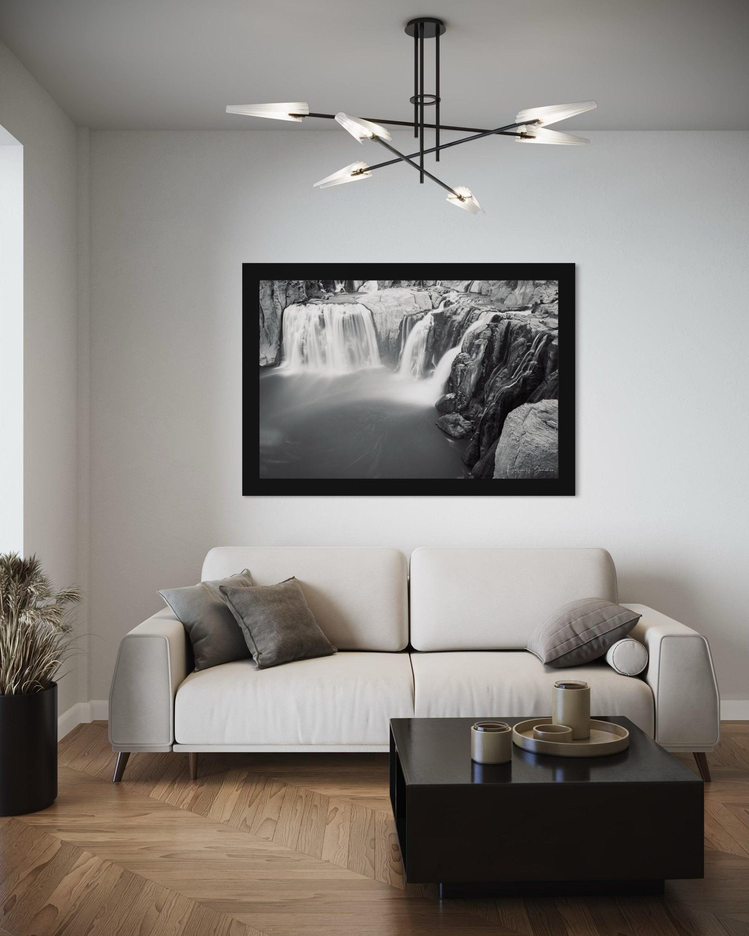 Black and white photograph of a powerful Shoshone Falls waterfall cascading into dark recesses with blurred water motion. #Finish_Roma Satin Black Frame