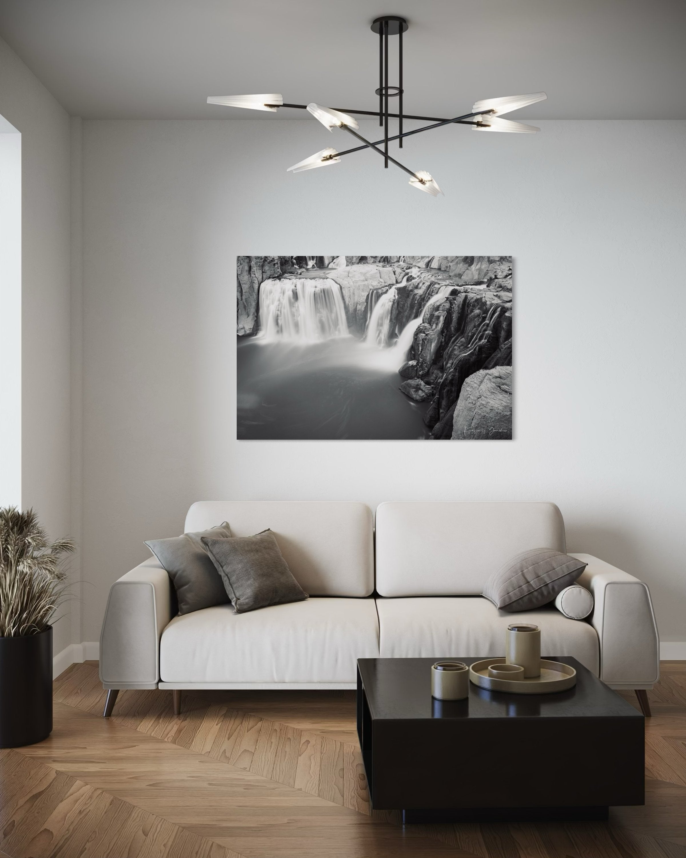 Black and white photograph of a powerful Shoshone Falls waterfall cascading into dark recesses with blurred water motion. #Finish_Acrylic Recess
