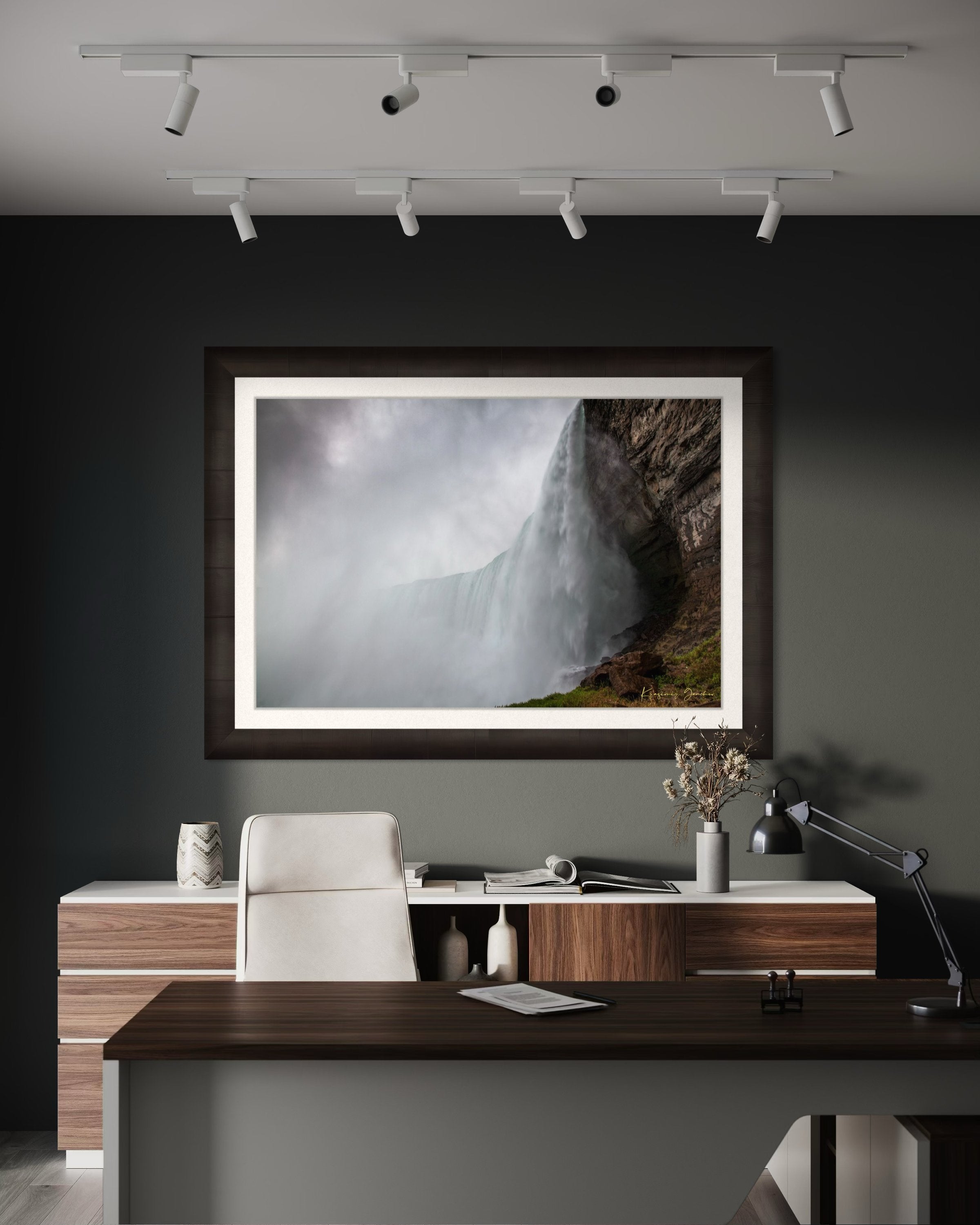 Waterfall descending from cliff edge at Niagara Falls, surrounded by mist and storm clouds. #Finish_Roma Dark Ash Frame & Bright Liner