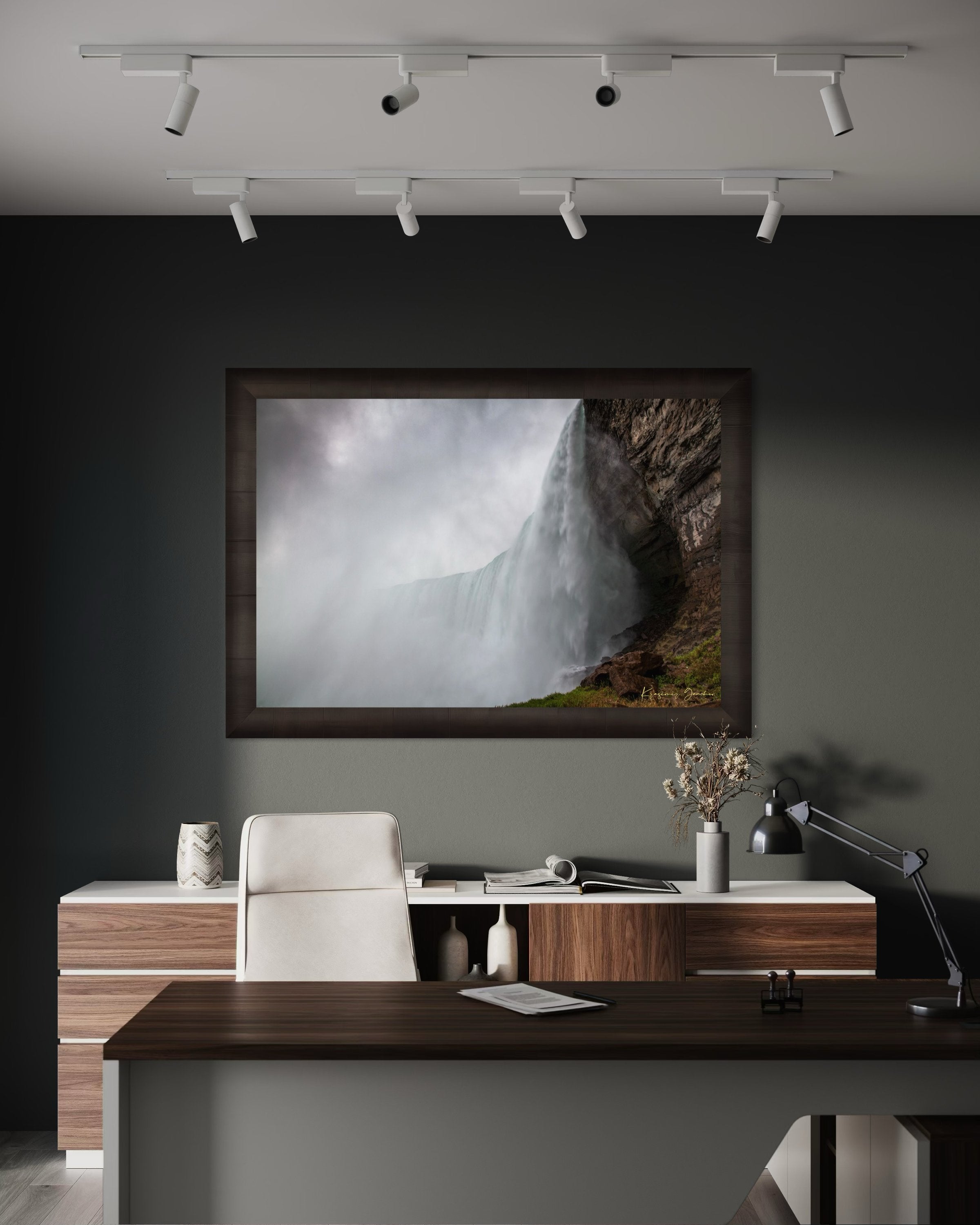 Waterfall descending from cliff edge at Niagara Falls, surrounded by mist and storm clouds. #Finish_Roma Dark Ash Frame