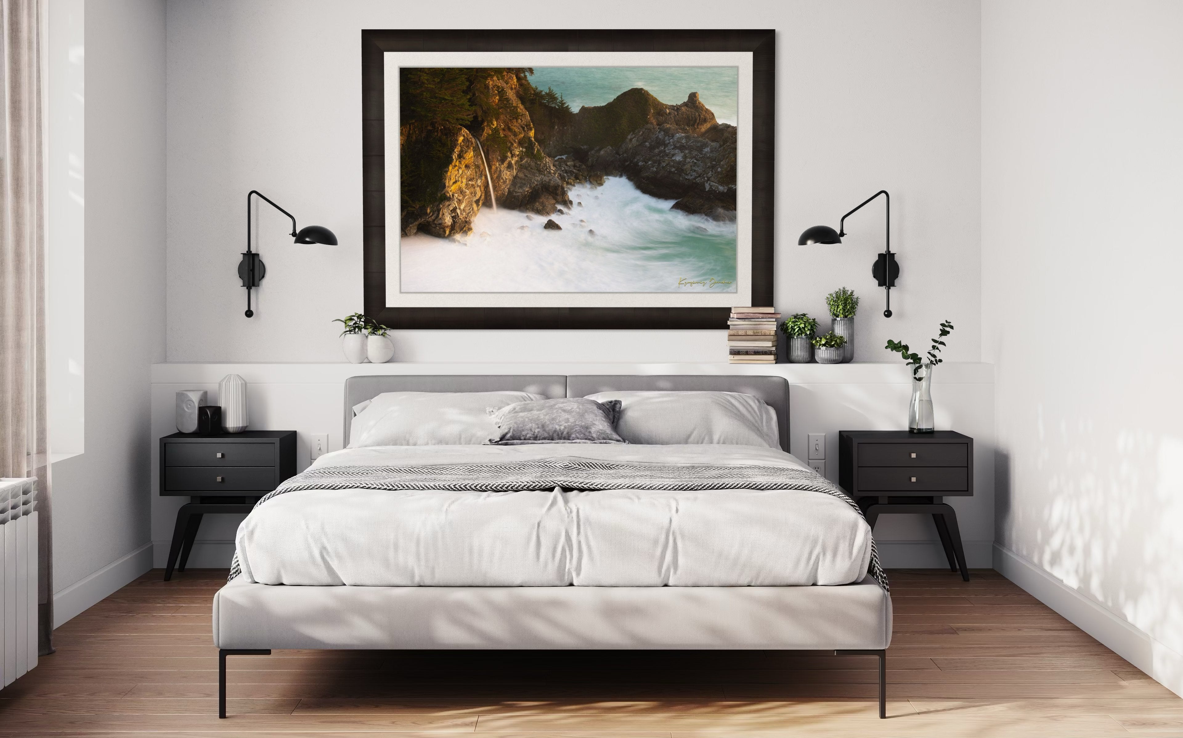McWay Falls flows from a cliff onto a beach in Big Sur, captured during sunset with the Pacific Ocean visible. #Finish_Roma Dark Ash Frame & Bright Liner