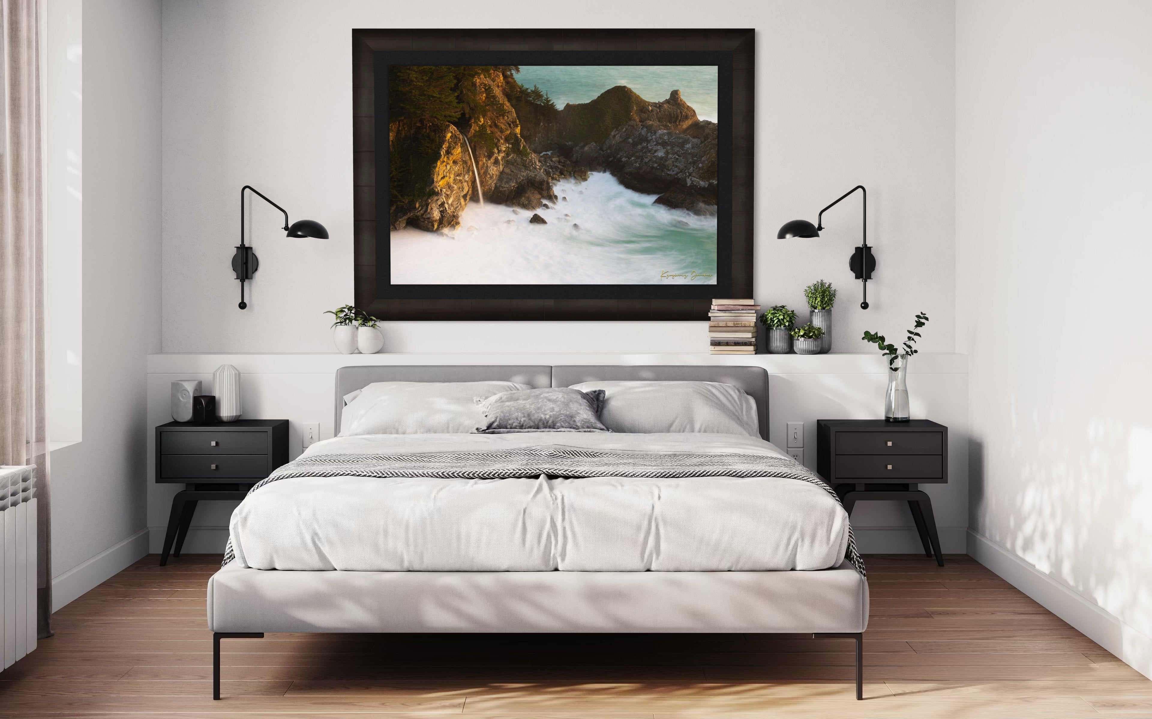 McWay Falls flows from a cliff onto a beach in Big Sur, captured during sunset with the Pacific Ocean visible. #Finish_Roma Dark Ash Frame & Dark Liner