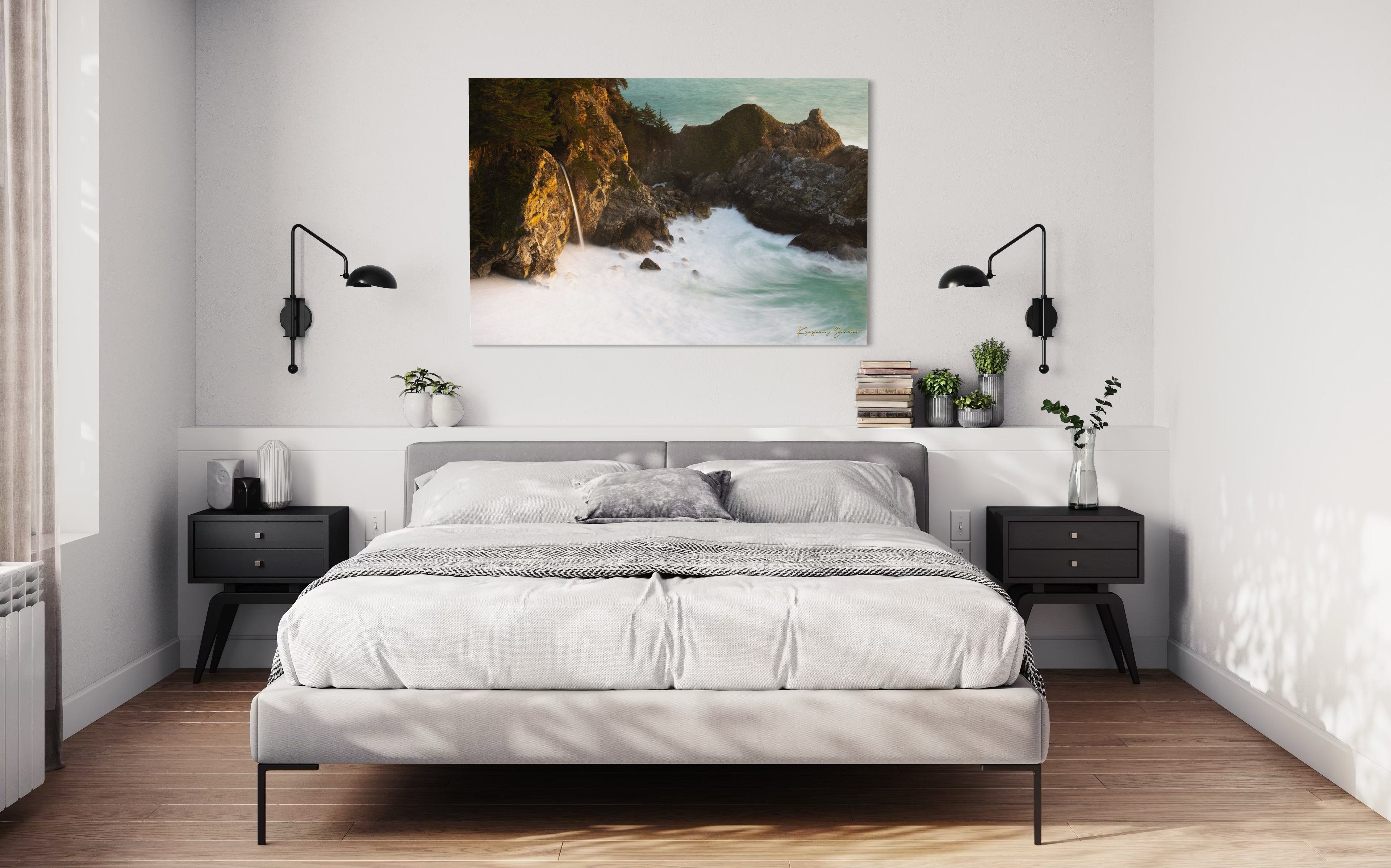 McWay Falls flows from a cliff onto a beach in Big Sur, captured during sunset with the Pacific Ocean visible. #Finish_Acrylic Recess
