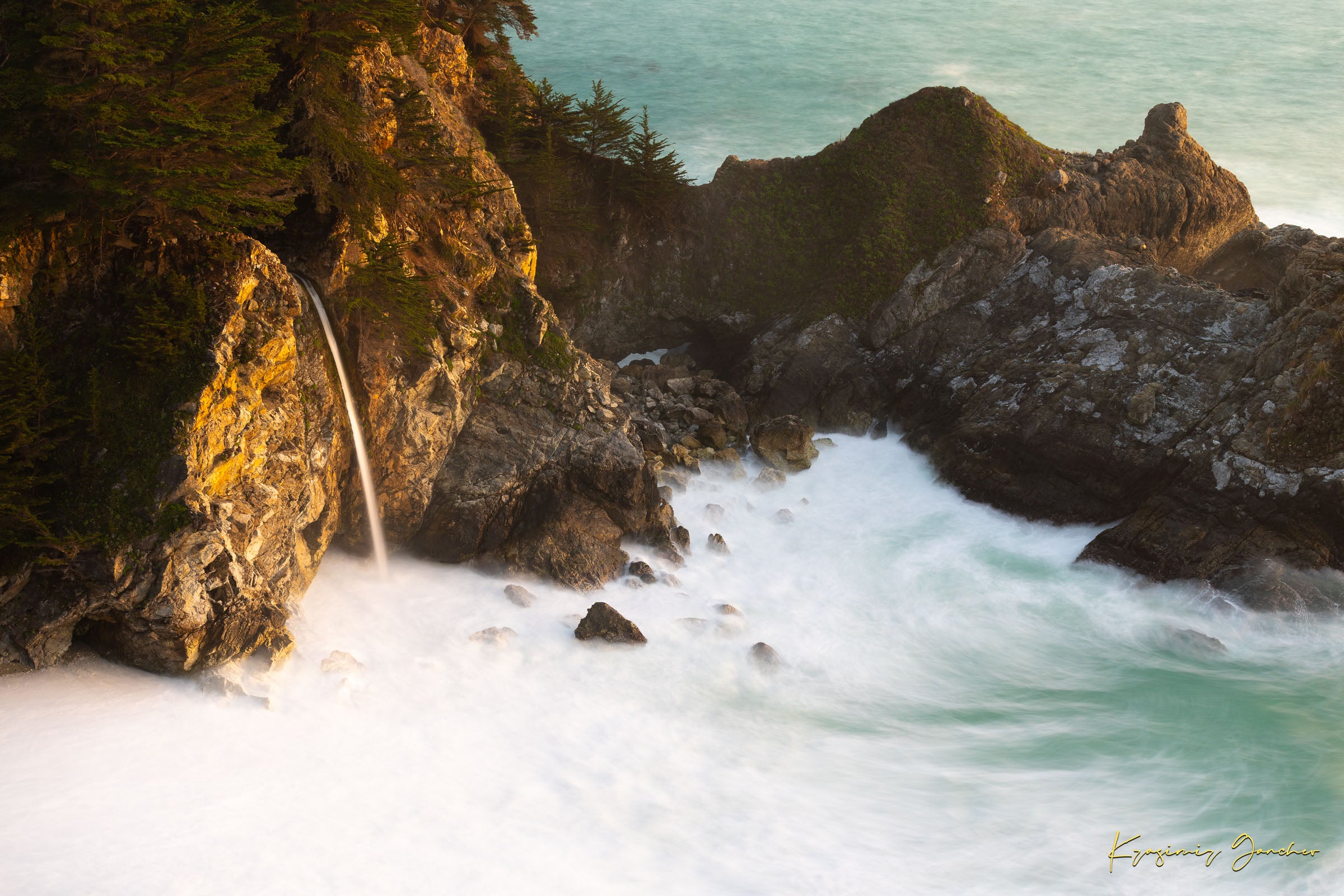 McWay Falls flows from a cliff onto a beach in Big Sur, captured during sunset with the Pacific Ocean visible. #Finish_Acrylic Recess