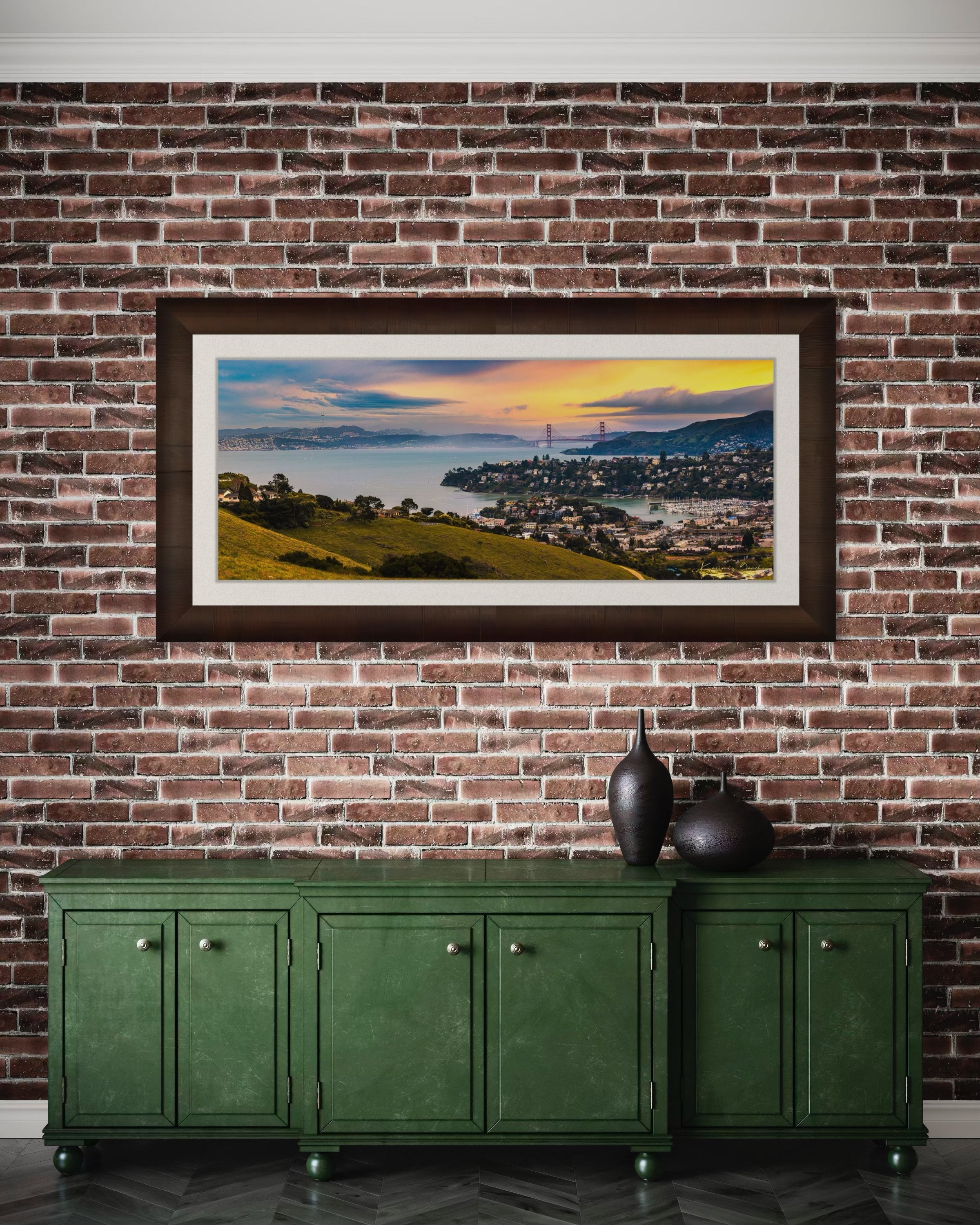 Golden Gate Bridge illuminated at sunset above the San Francisco Bay, showing light trails and cloudy skies with Tiburon in foreground. #Finish_Roma Cigar Leaf Frame & Bright Liner