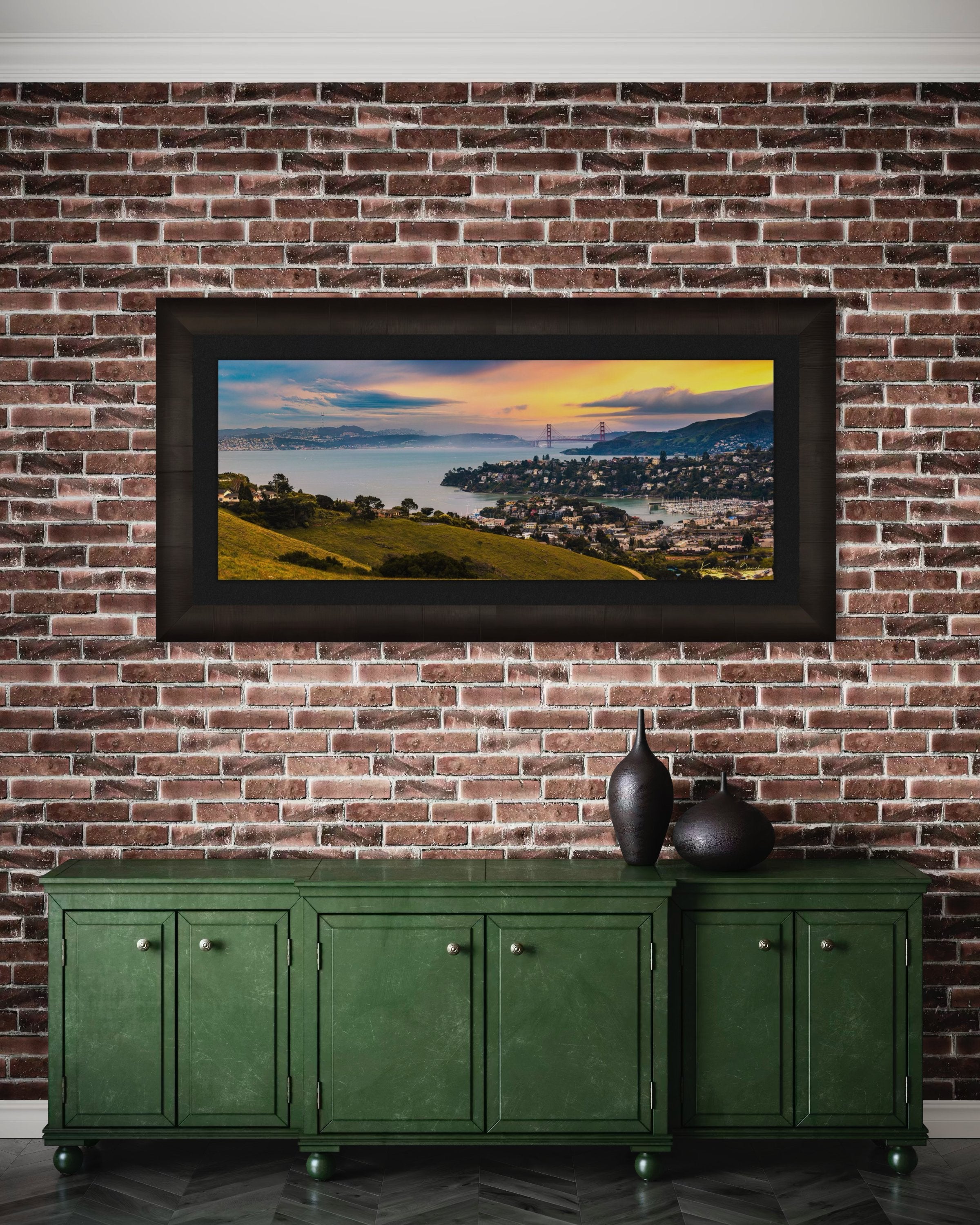 Golden Gate Bridge illuminated at sunset above the San Francisco Bay, showing light trails and cloudy skies with Tiburon in foreground. #Finish_Roma Dark Ash Frame & Dark Liner