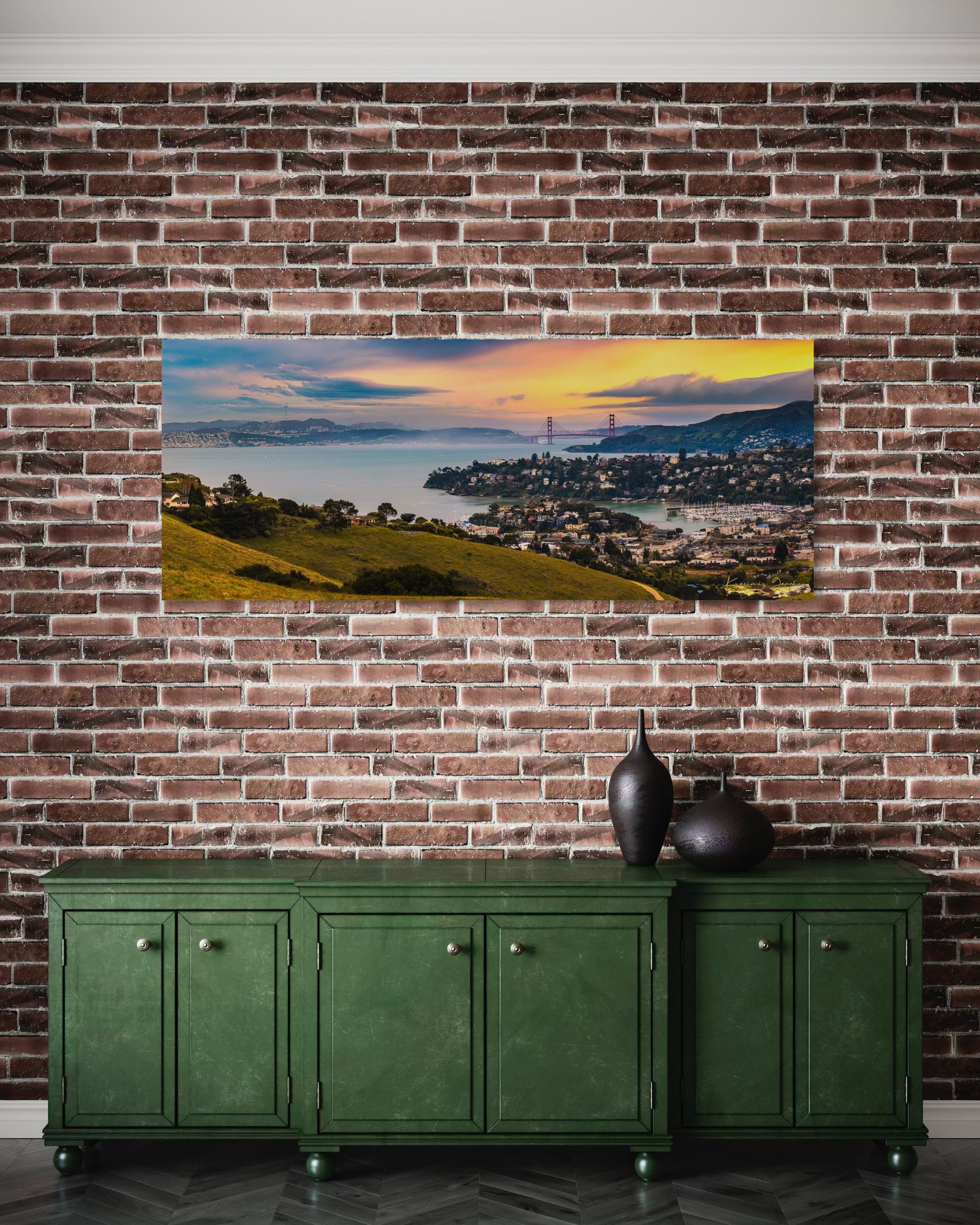 Golden Gate Bridge illuminated at sunset above the San Francisco Bay, showing light trails and cloudy skies with Tiburon in foreground. #Finish_Acrylic Recess