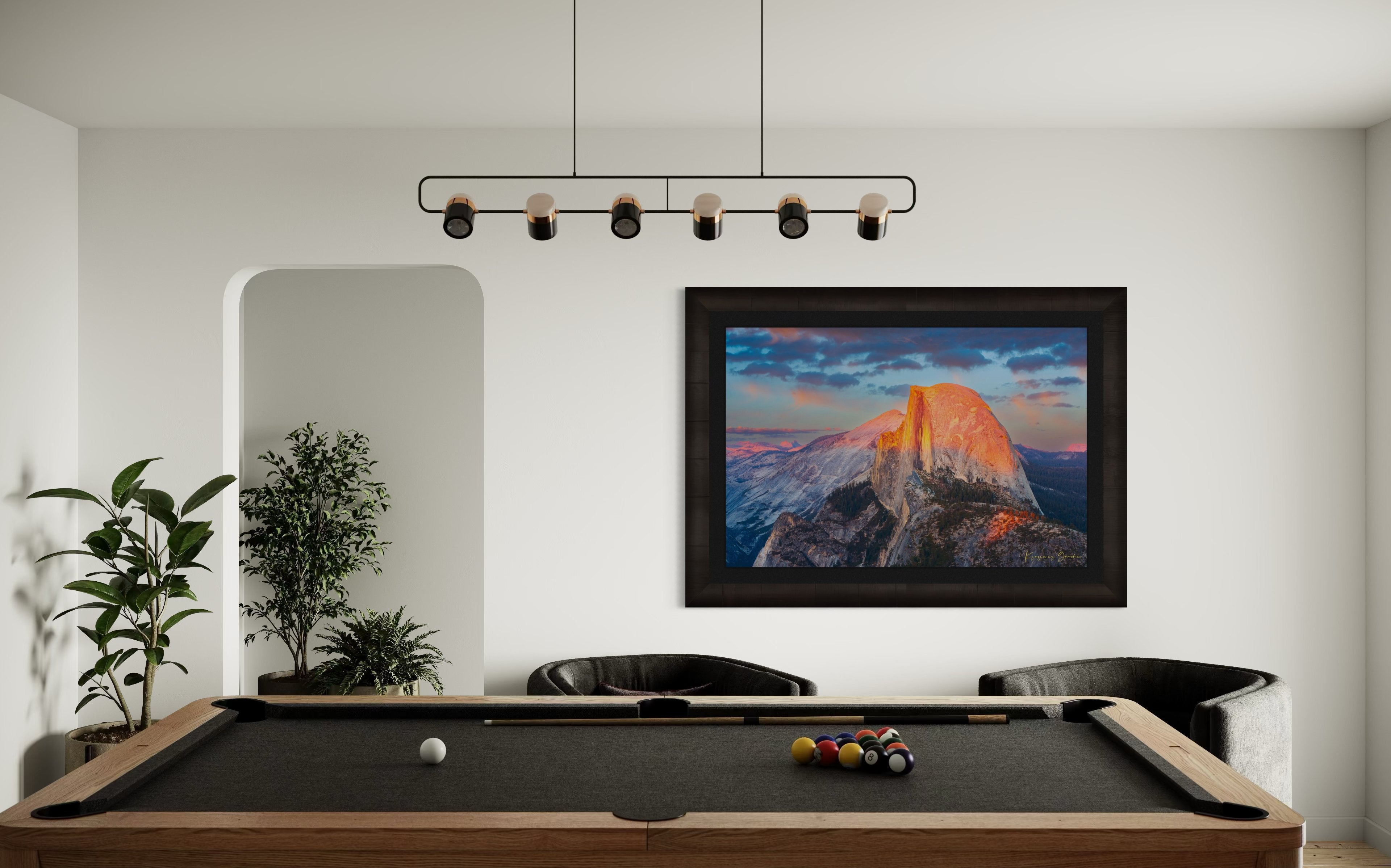Monolith of Half Dome in Yosemite National Park illuminated by sunset light amid scattered clouds. #Finish_Roma Dark Ash Frame & Dark Liner