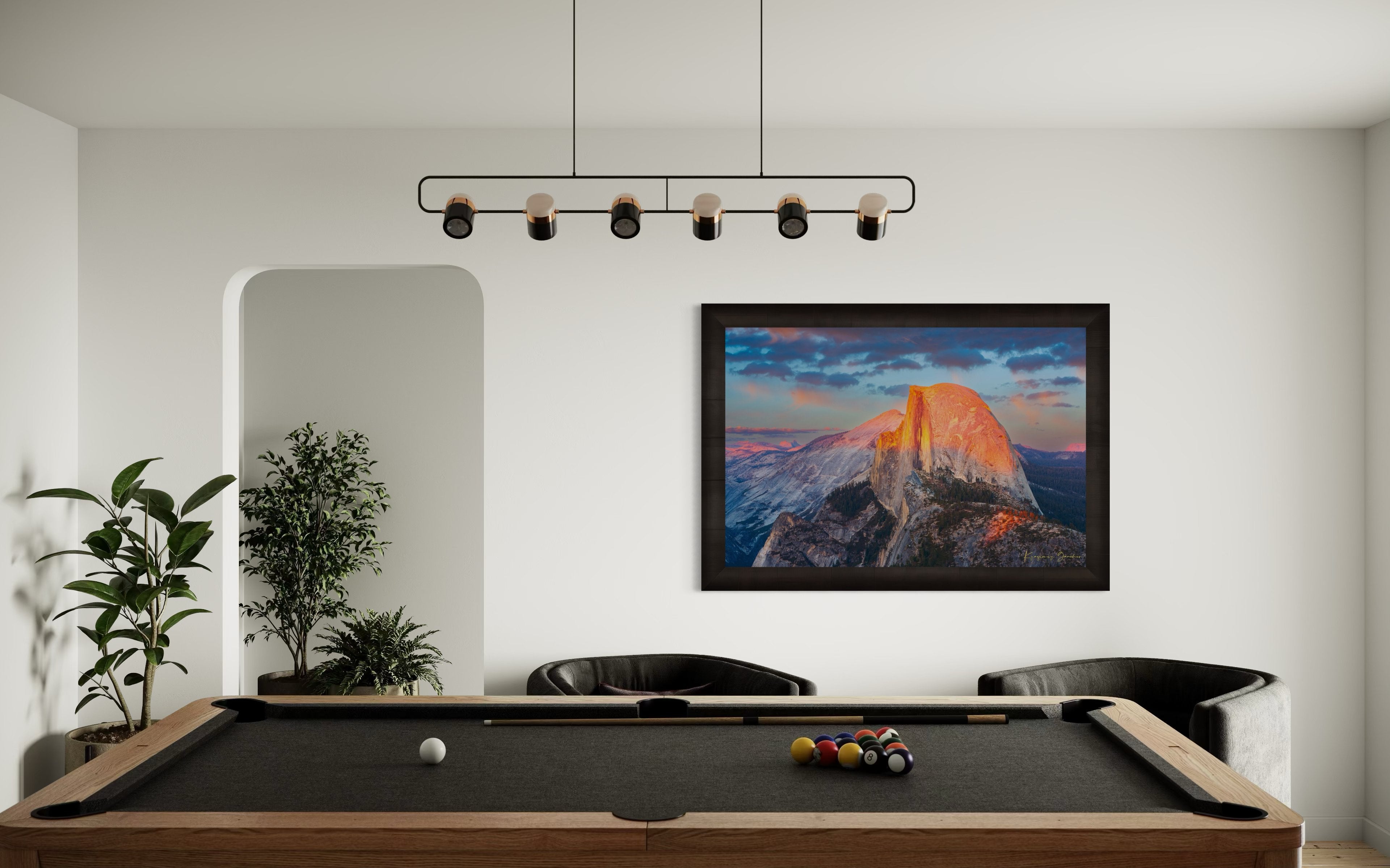 Monolith of Half Dome in Yosemite National Park illuminated by sunset light amid scattered clouds. #Finish_Roma Dark Ash Frame