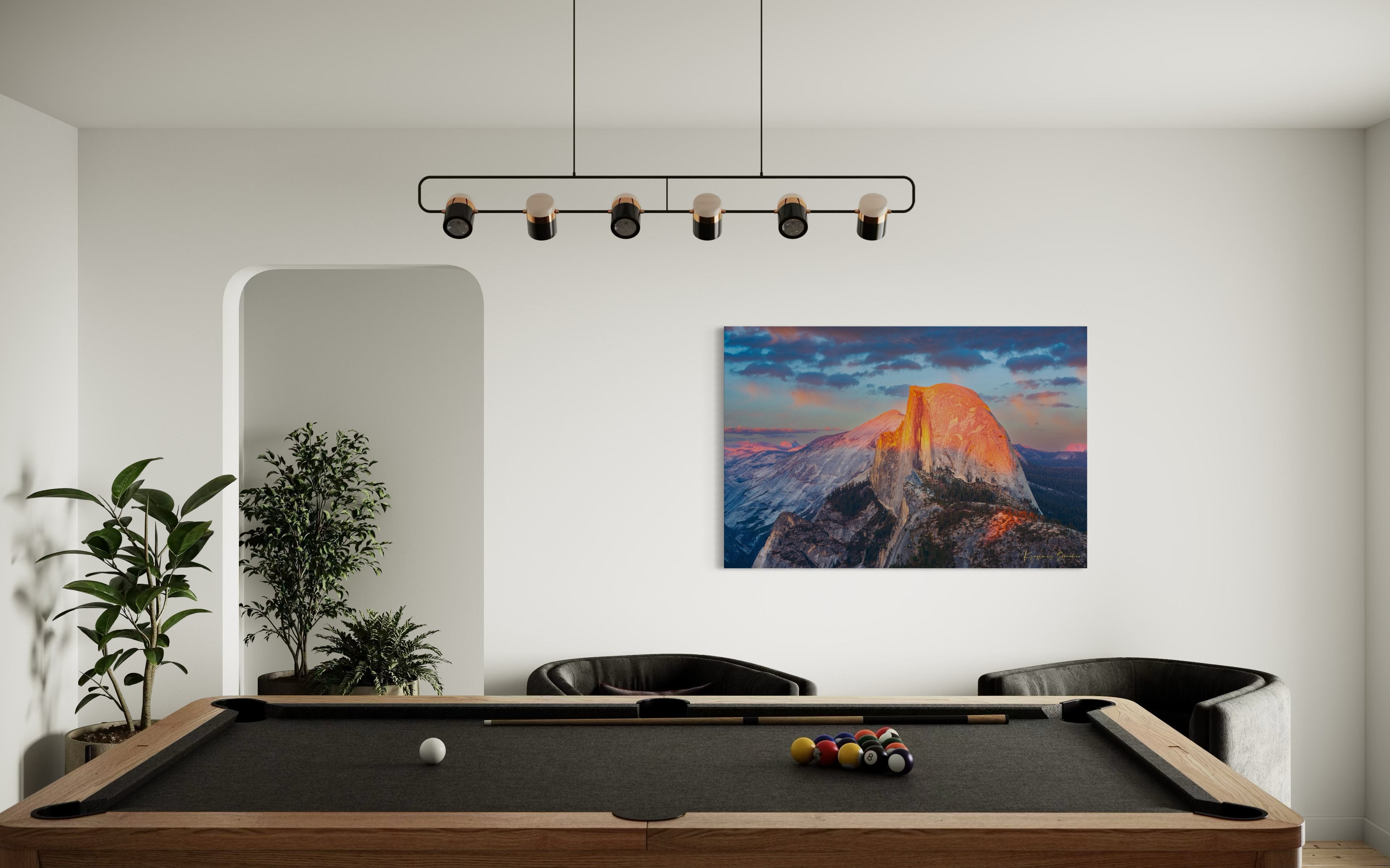 Monolith of Half Dome in Yosemite National Park illuminated by sunset light amid scattered clouds. #Finish_Acrylic Recess