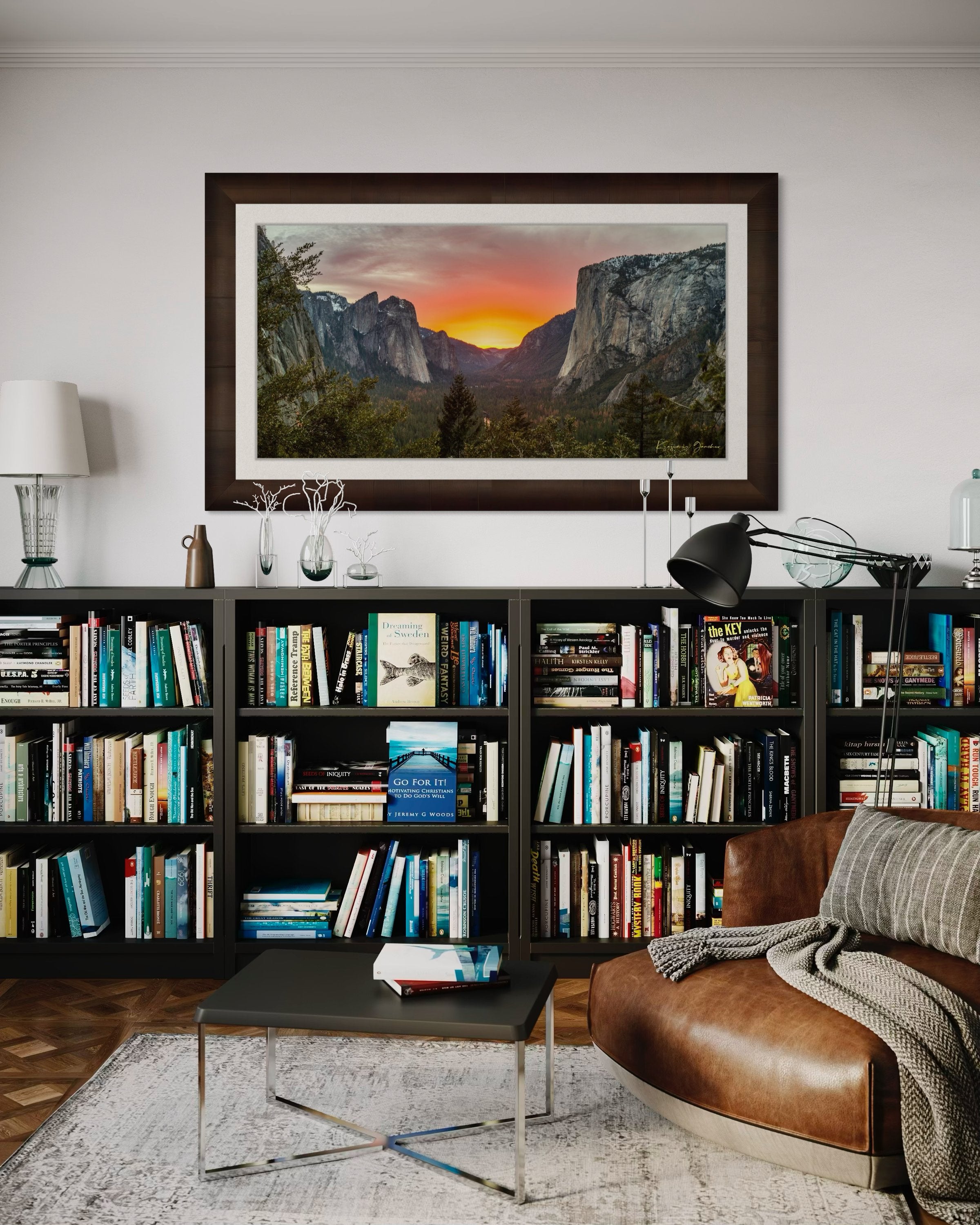 El Capitan monolith in Yosemite Valley at sunset, cloud layers glowing softly under golden light. #Finish_Roma Cigar Leaf Frame & Bright Liner