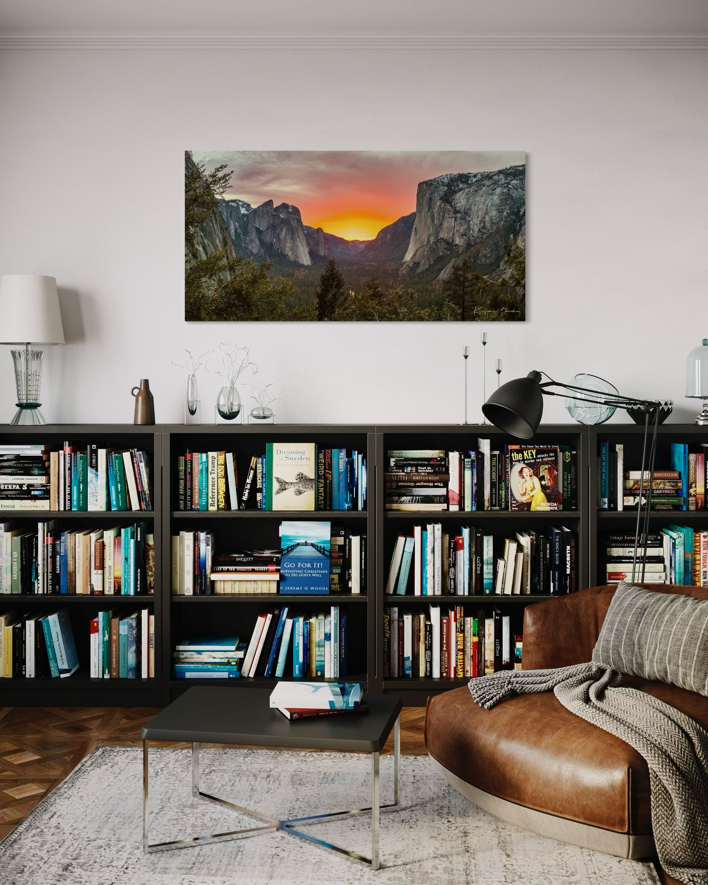 El Capitan monolith in Yosemite Valley at sunset, cloud layers glowing softly under golden light. #Finish_Acrylic Recess