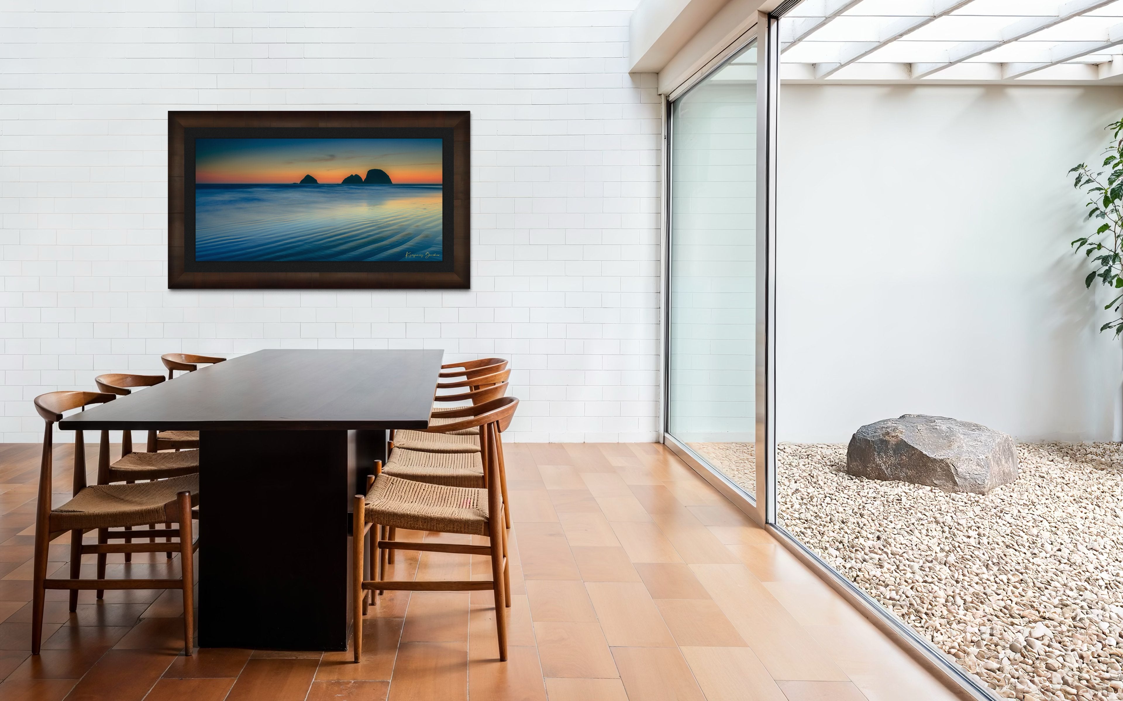 Silhouette of Bird Rock formations against a hazy twilight sky along Canon Beach oceanfront during dusk. #Finish_Roma Cigar Leaf Frame & Dark Liner