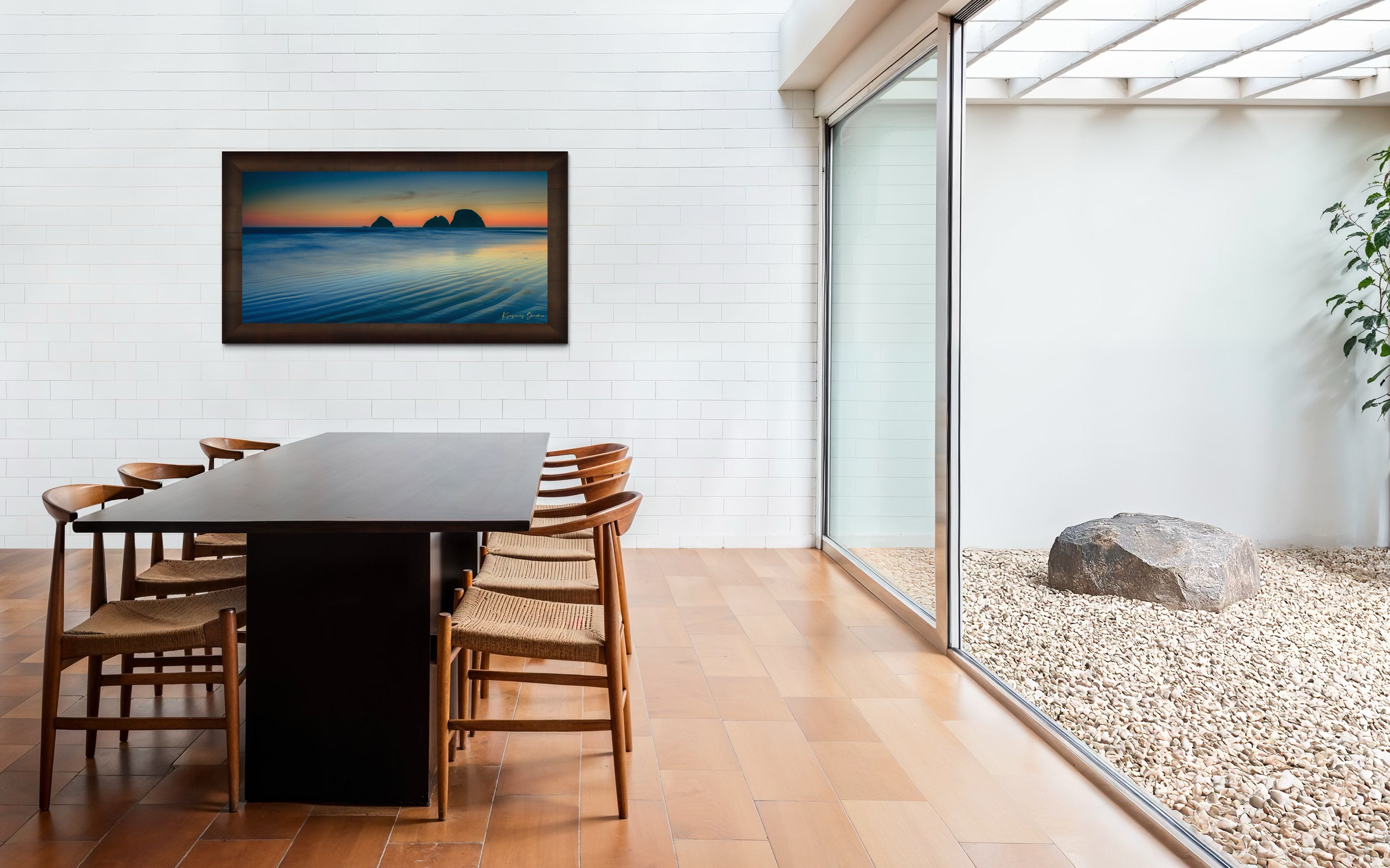 Silhouette of Bird Rock formations against a hazy twilight sky along Canon Beach oceanfront during dusk. #Finish_Roma Cigar Leaf Frame