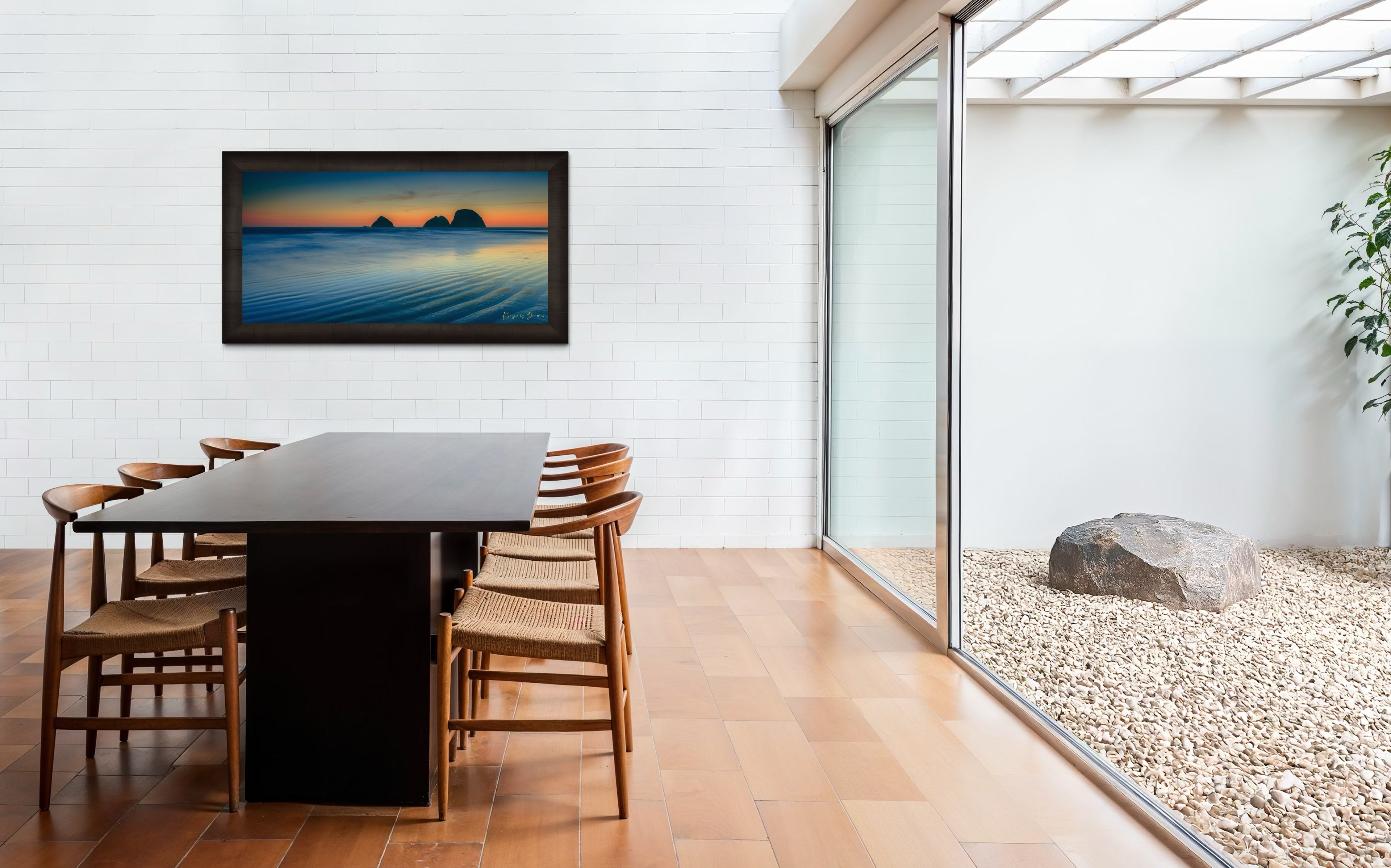 Silhouette of Bird Rock formations against a hazy twilight sky along Canon Beach oceanfront during dusk. #Finish_Roma Dark Ash Frame