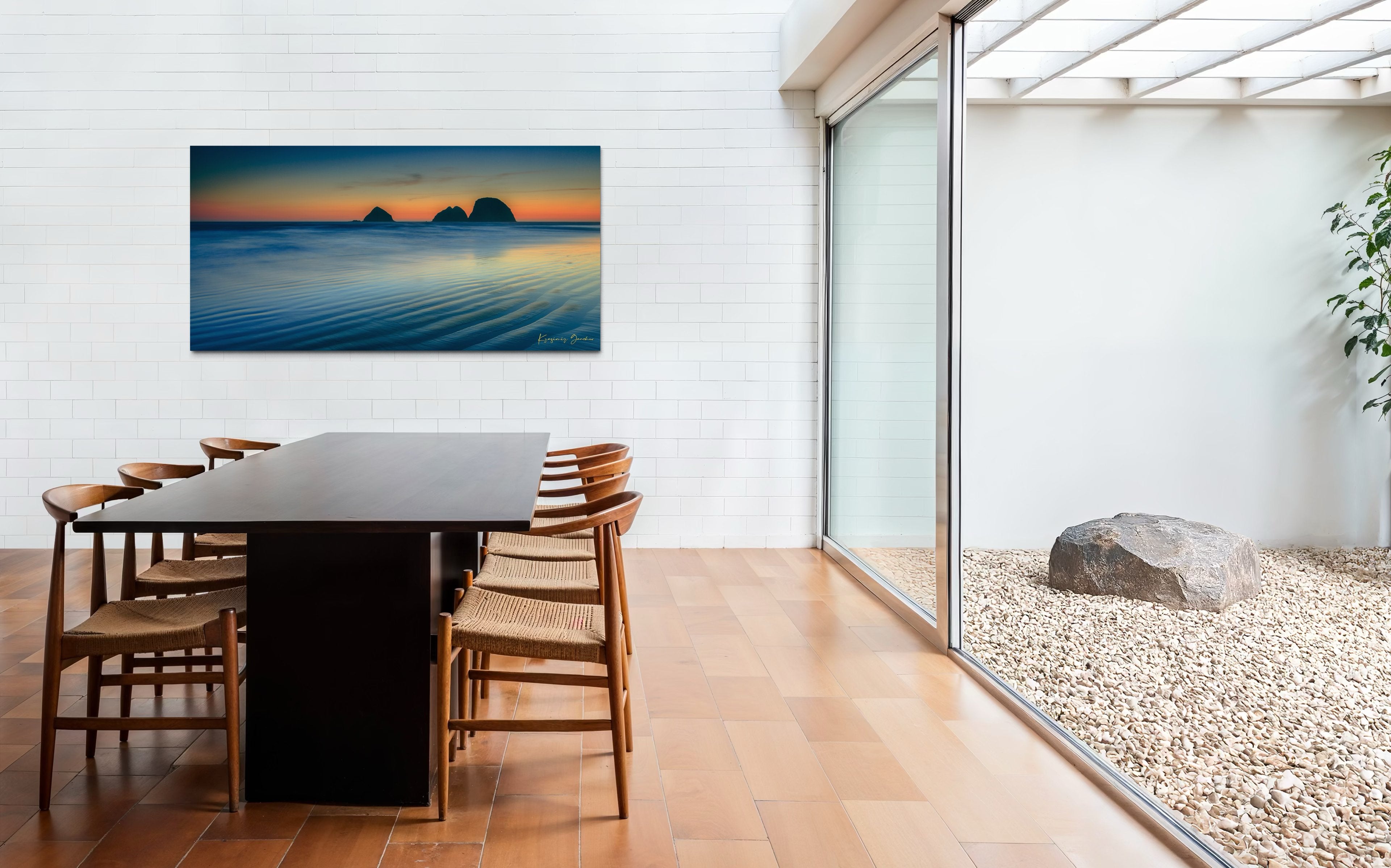 Silhouette of Bird Rock formations against a hazy twilight sky along Canon Beach oceanfront during dusk. #Finish_Acrylic Recess