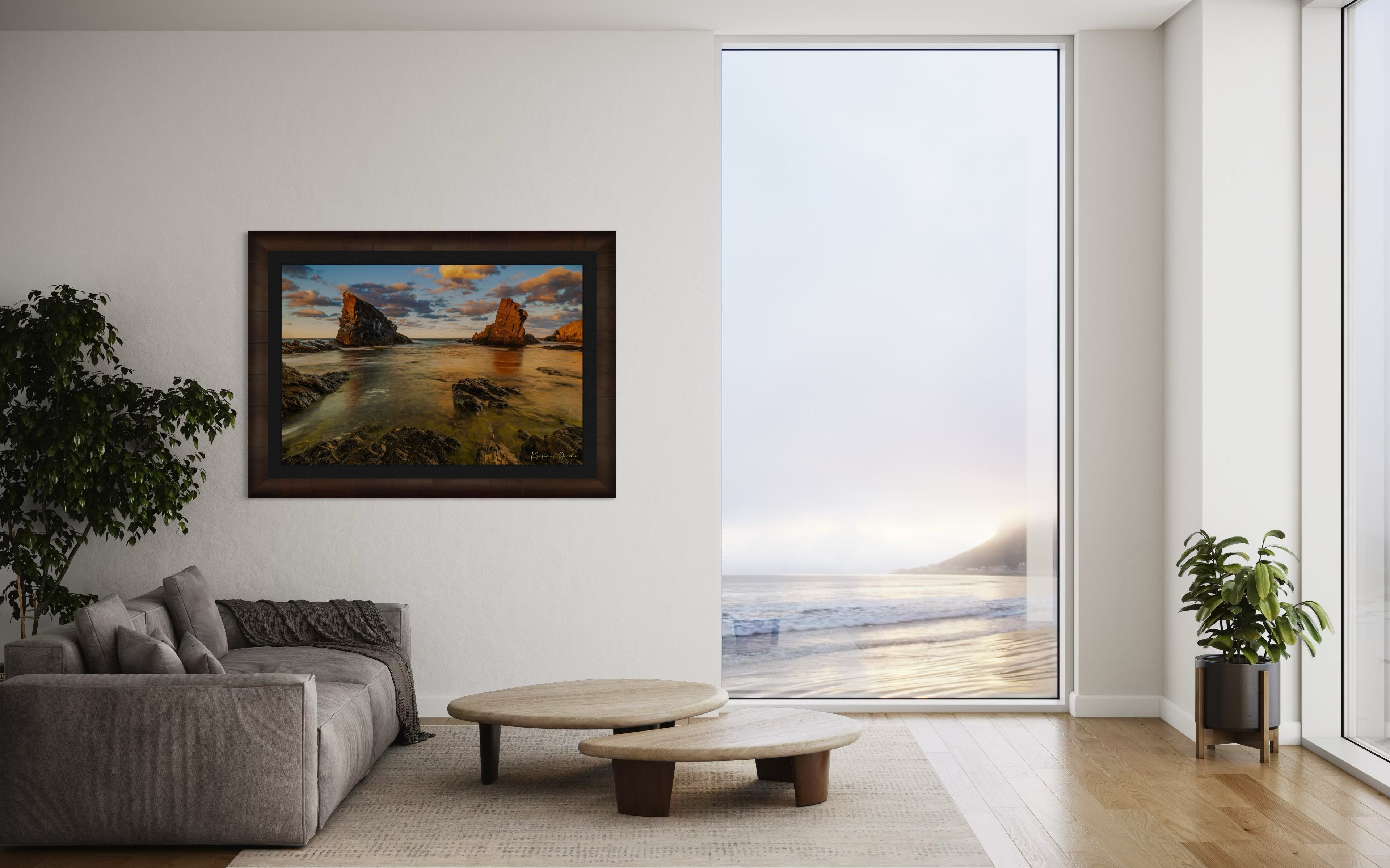 The Stone Ships boulders and sea stacks at Sinemorets, Bulgaria, illuminated by golden sunset light reflecting on calm sea waters. #Finish_Roma Cigar Leaf Frame & Dark Liner