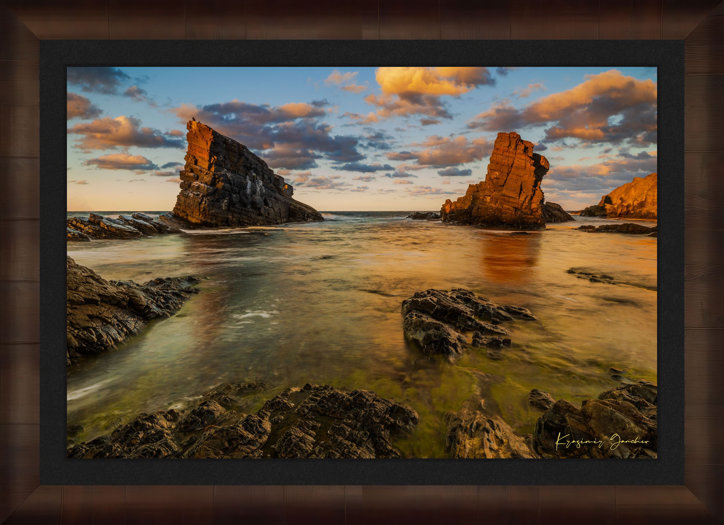The Stone Ships boulders and sea stacks at Sinemorets, Bulgaria, illuminated by golden sunset light reflecting on calm sea waters. #Finish_Roma Cigar Leaf Frame & Dark Liner
