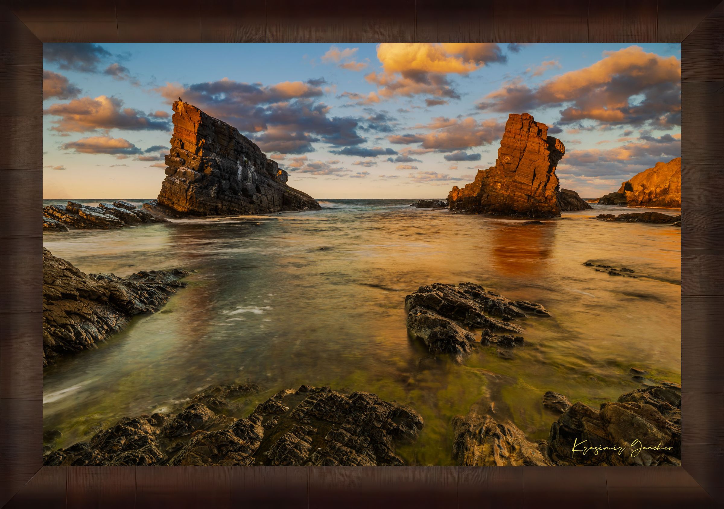 The Stone Ships boulders and sea stacks at Sinemorets, Bulgaria, illuminated by golden sunset light reflecting on calm sea waters. #Finish_Roma Cigar Leaf Frame
