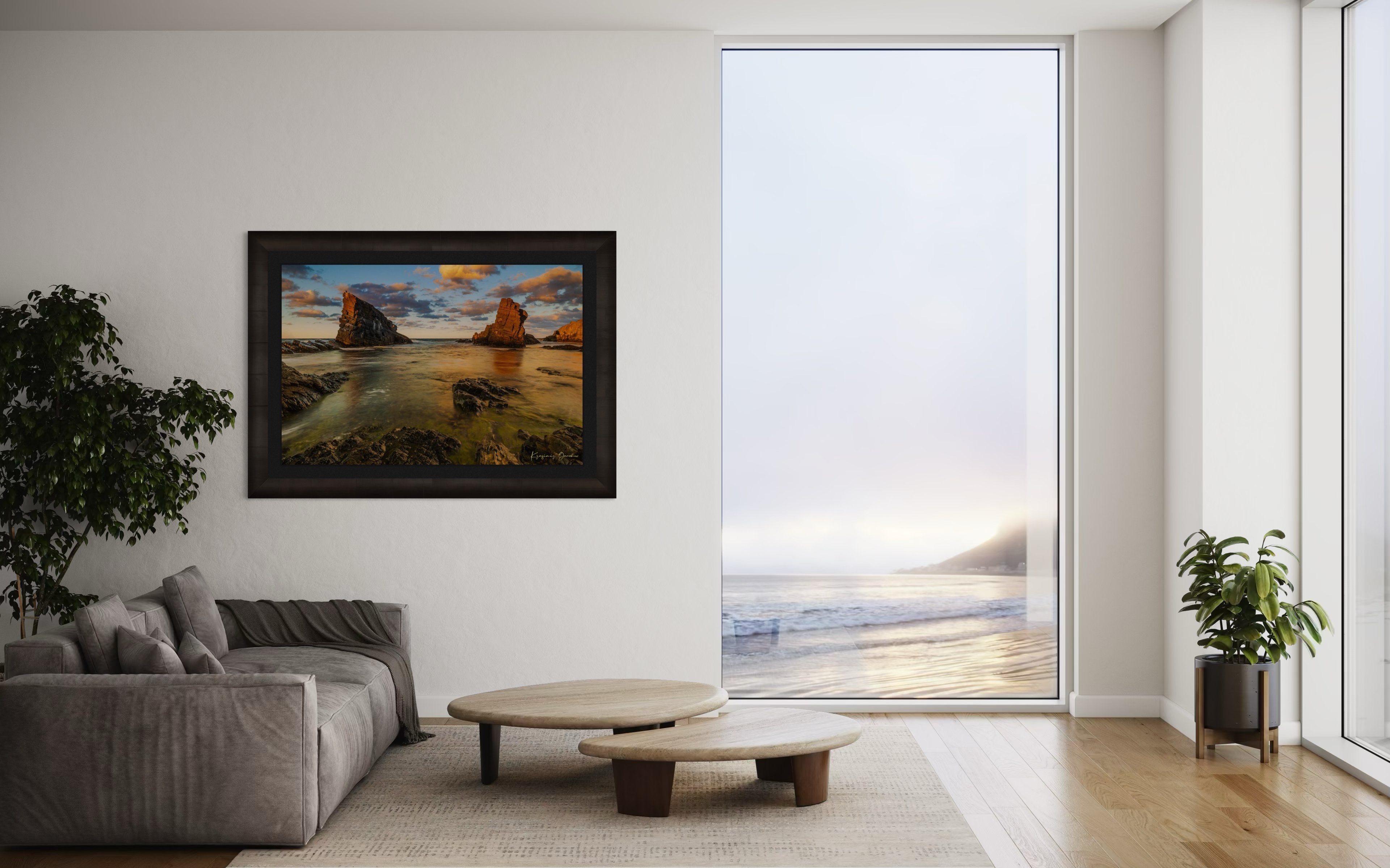 The Stone Ships boulders and sea stacks at Sinemorets, Bulgaria, illuminated by golden sunset light reflecting on calm sea waters. #Finish_Roma Dark Ash Frame & Dark Liner