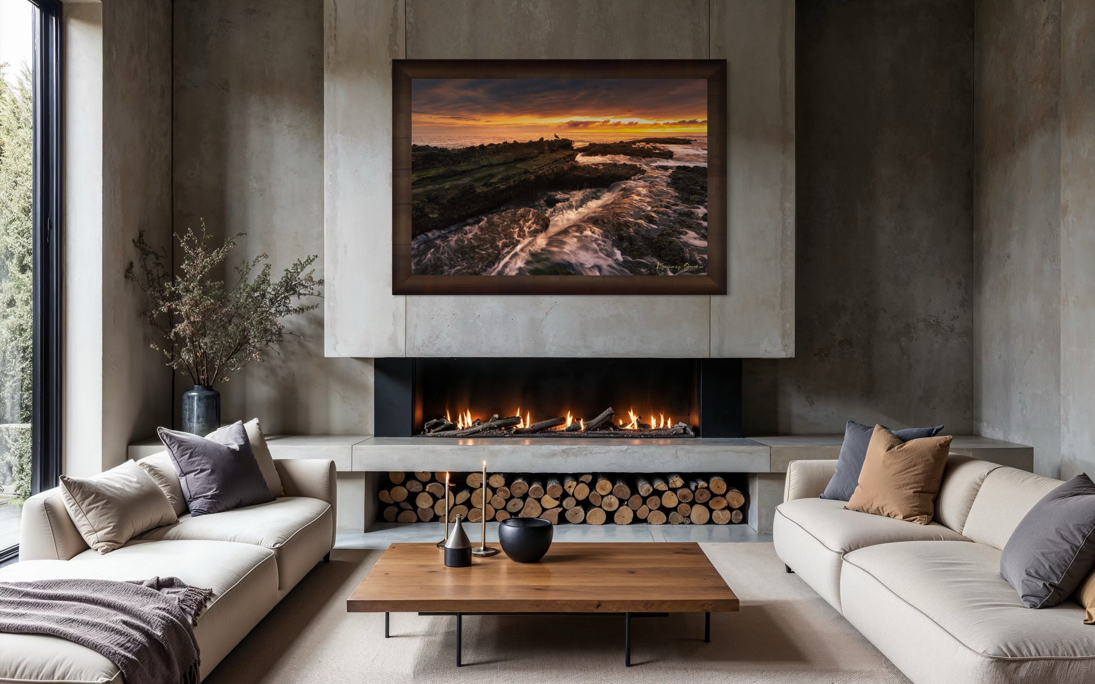 Ocean view at Woods Cove, Laguna Beach during sunset showing wave motion on coastal tide flats under a clouded sky. #Finish_Roma Cigar Leaf Frame