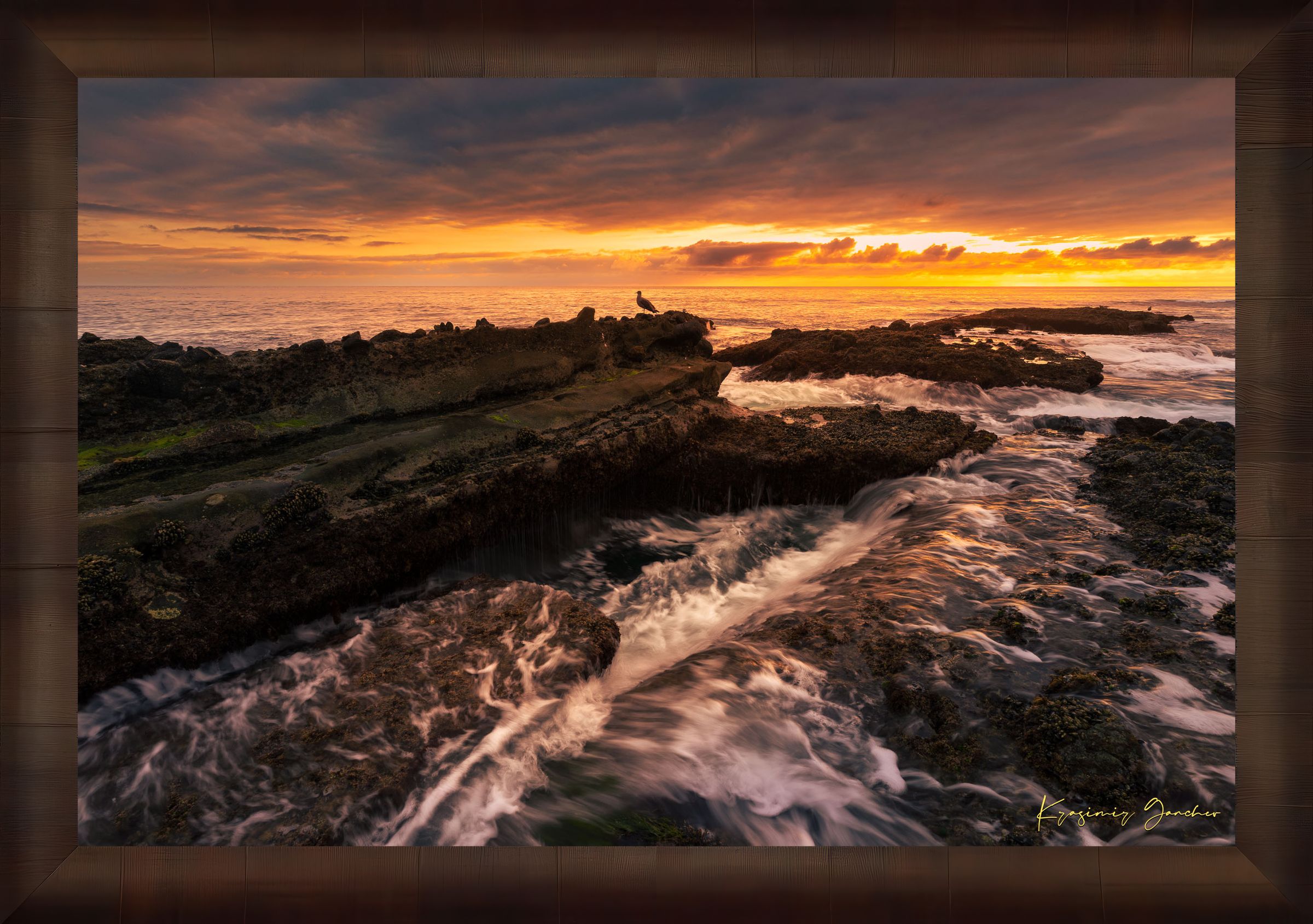 Ocean view at Woods Cove, Laguna Beach during sunset showing wave motion on coastal tide flats under a clouded sky. #Finish_Roma Cigar Leaf Frame