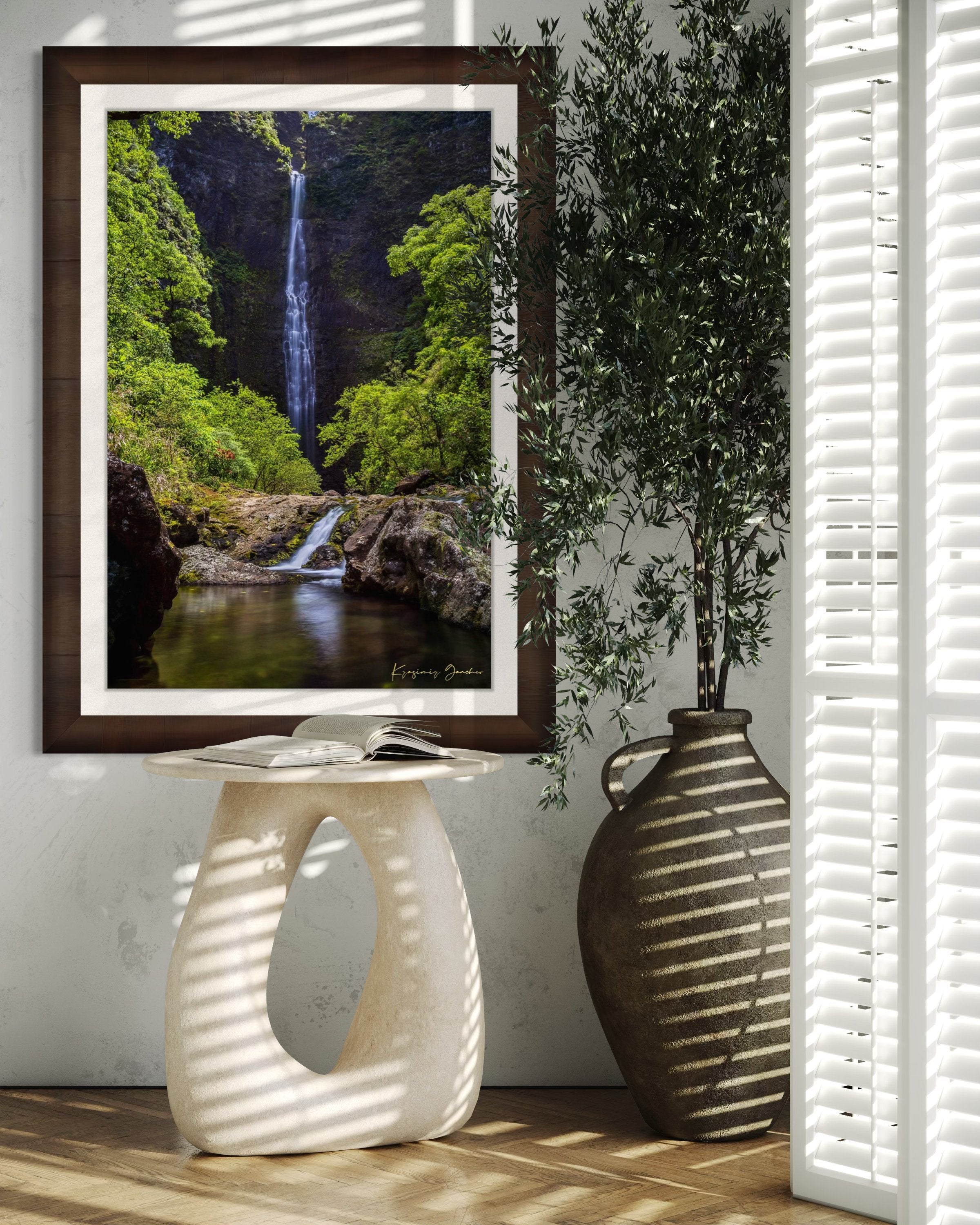 Small waterfall veiled in mist beneath dense foliage at Hanakapiai Falls, Kauai, lit by daylight. #Finish_Roma Cigar Leaf Frame & Bright Liner
