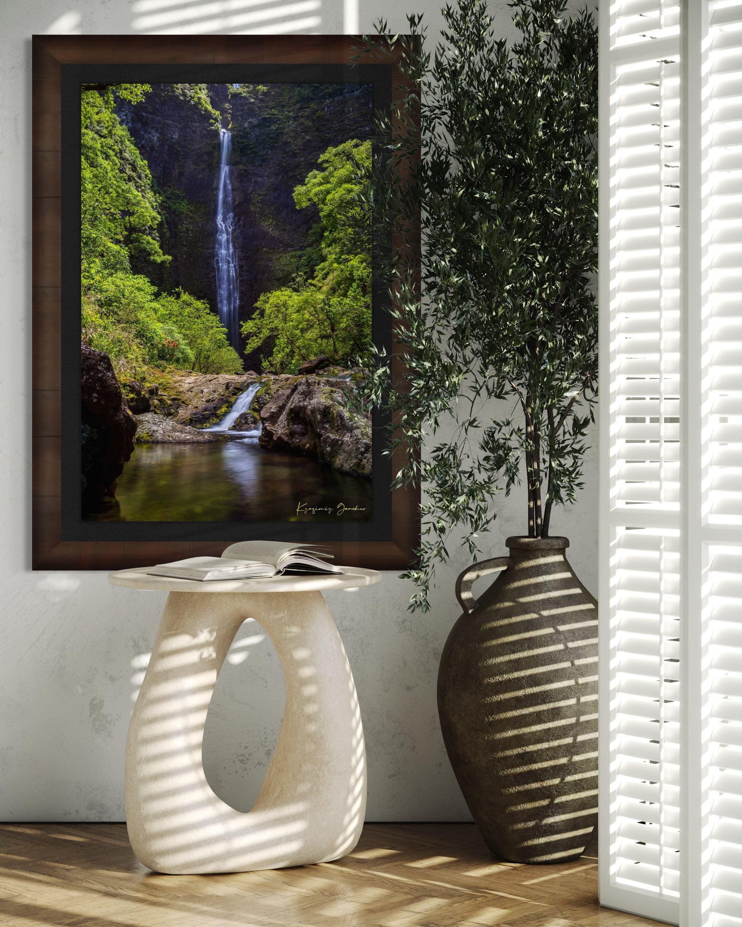Small waterfall veiled in mist beneath dense foliage at Hanakapiai Falls, Kauai, lit by daylight. #Finish_Roma Cigar Leaf Frame & Dark Liner