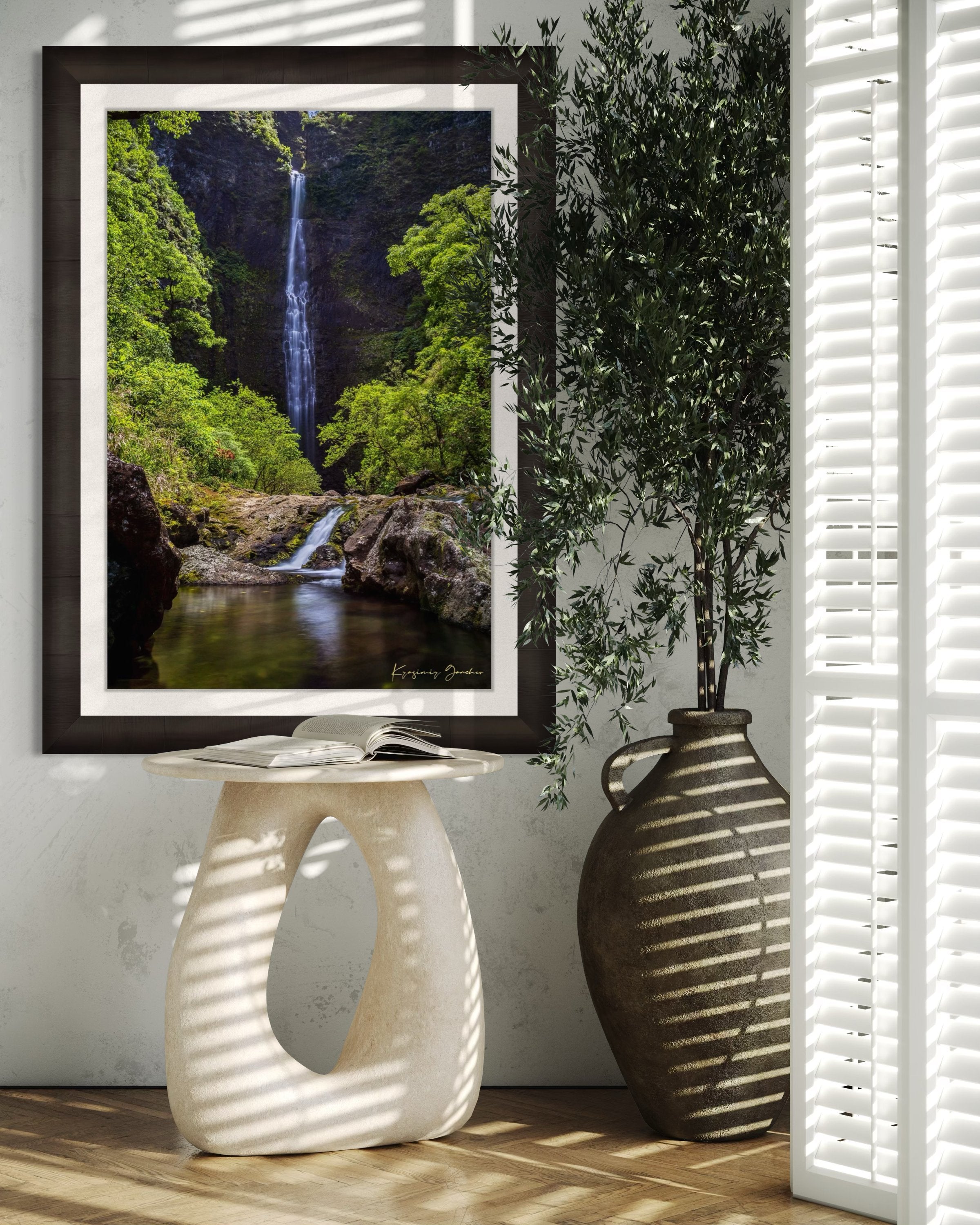 Small waterfall veiled in mist beneath dense foliage at Hanakapiai Falls, Kauai, lit by daylight. #Finish_Roma Dark Ash Frame & Bright Liner
