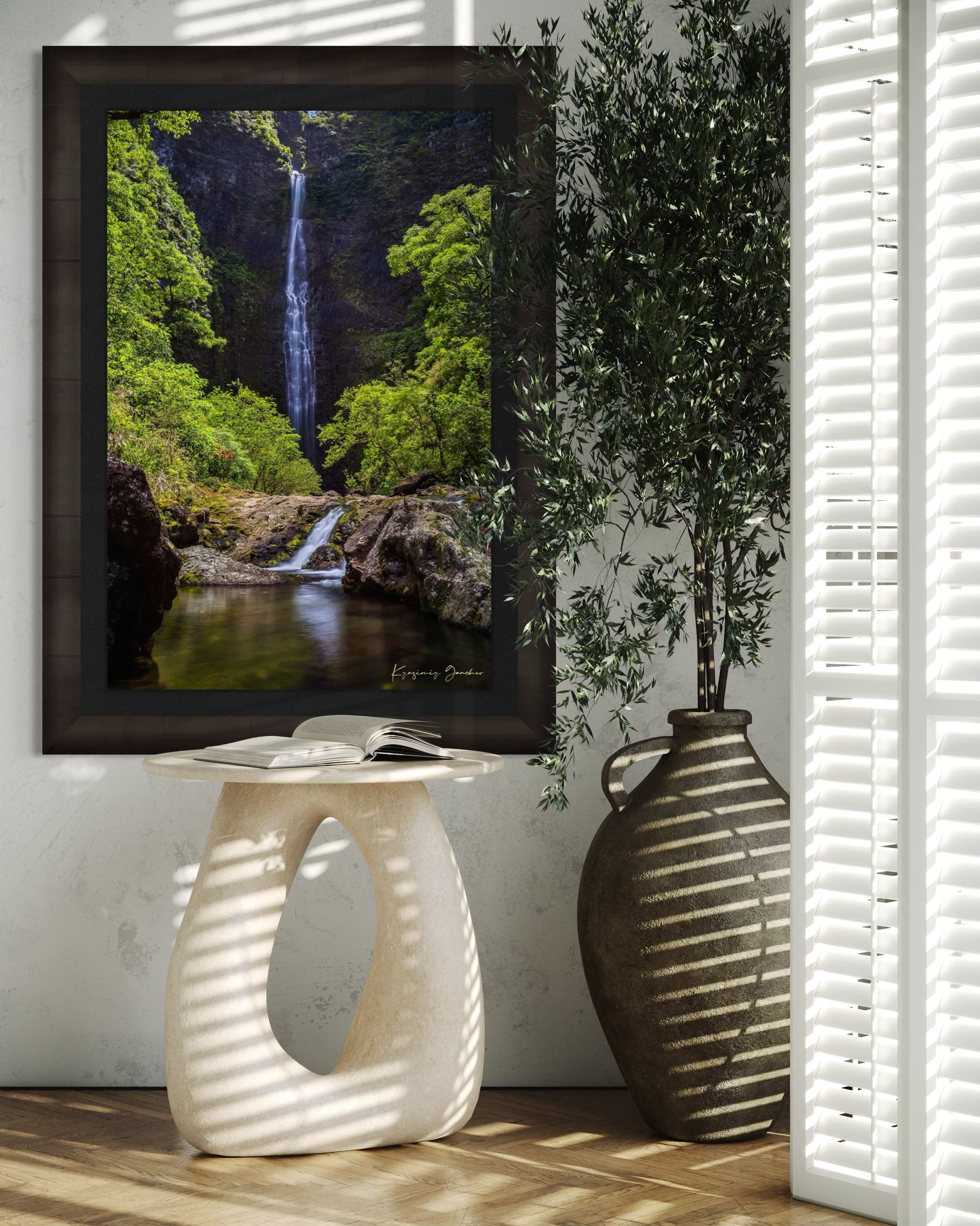 Small waterfall veiled in mist beneath dense foliage at Hanakapiai Falls, Kauai, lit by daylight. #Finish_Roma Dark Ash Frame & Dark Liner
