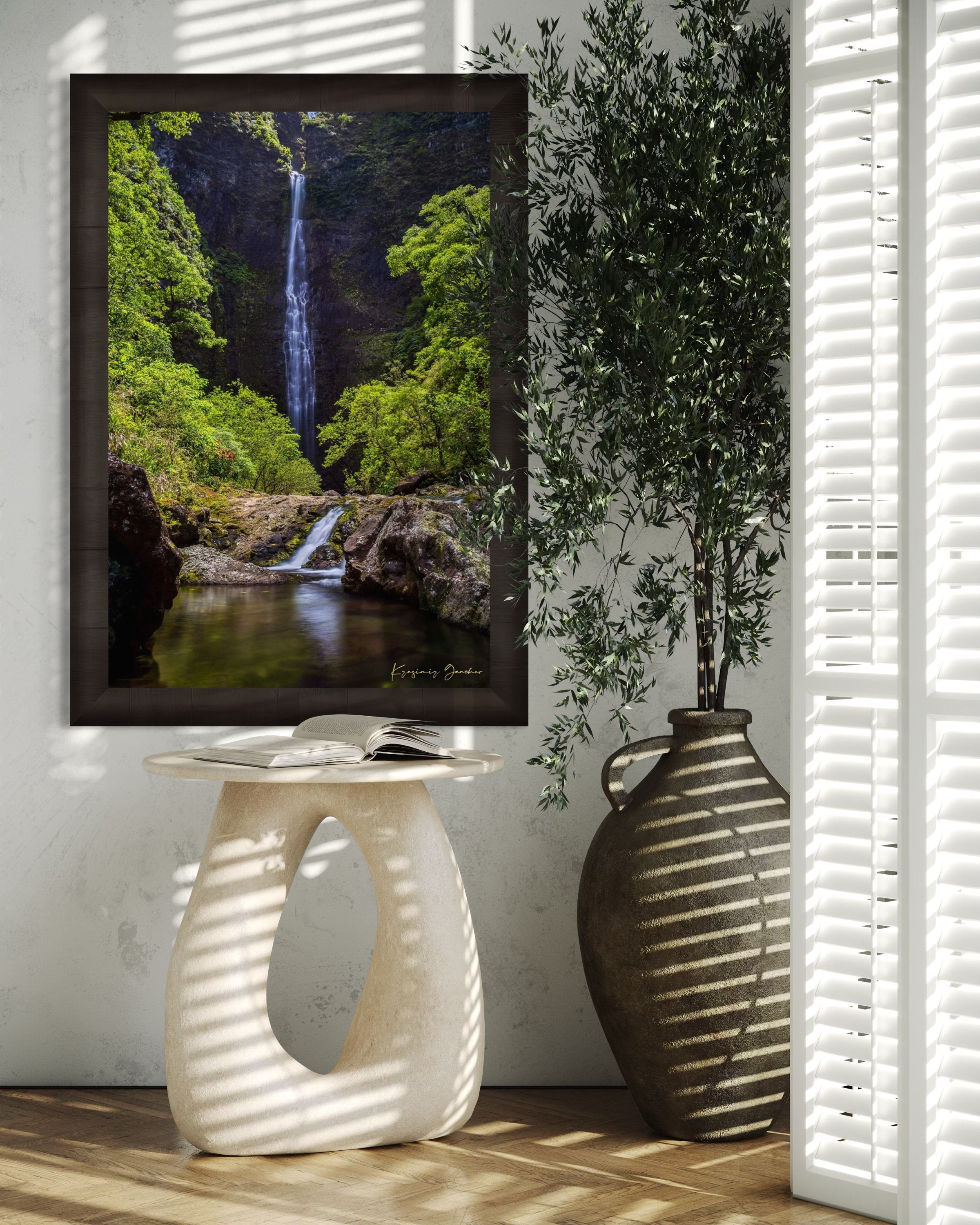Small waterfall veiled in mist beneath dense foliage at Hanakapiai Falls, Kauai, lit by daylight. #Finish_Roma Dark Ash Frame