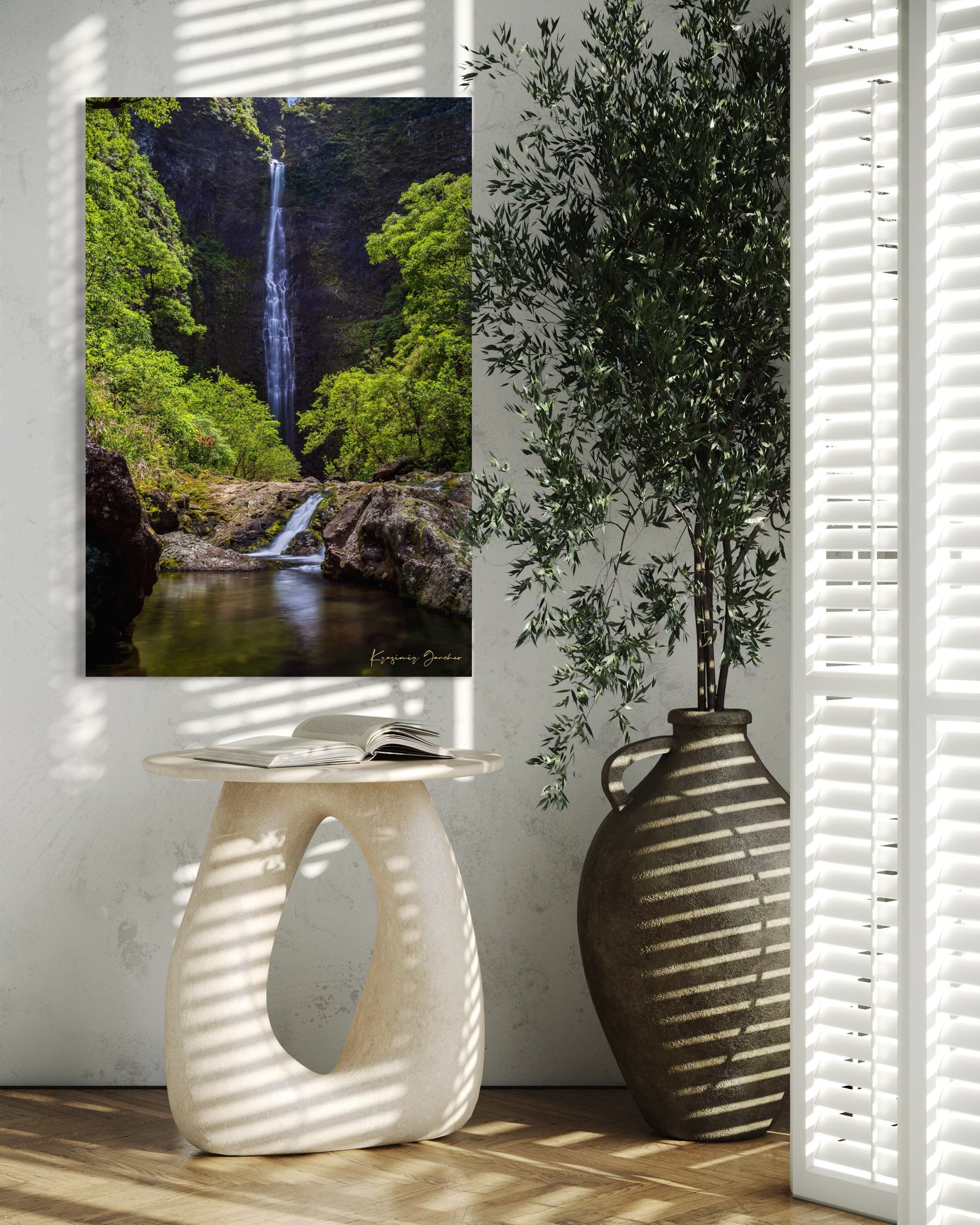 Small waterfall veiled in mist beneath dense foliage at Hanakapiai Falls, Kauai, lit by daylight. #Finish_Acrylic Recess