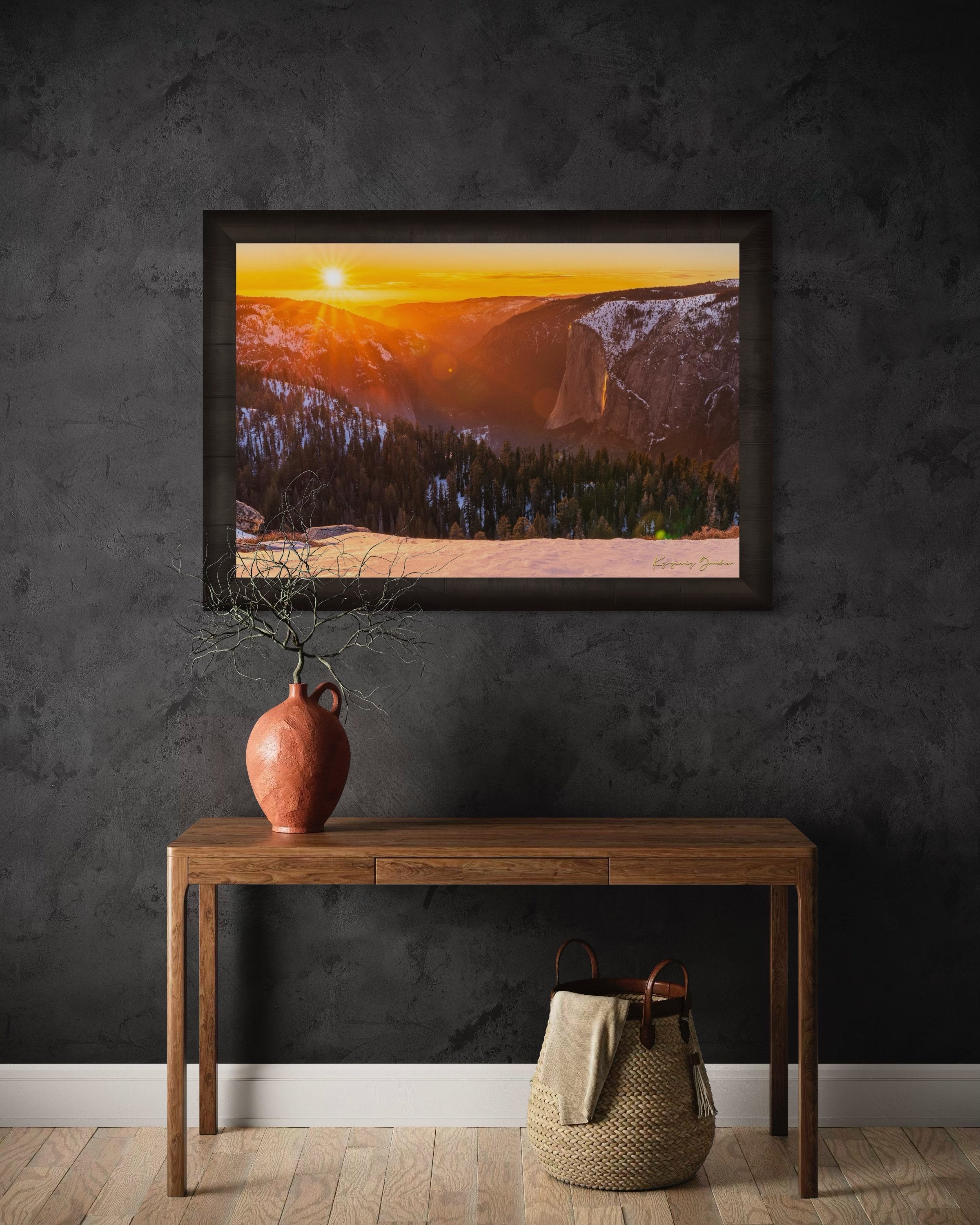 El Capitan monolith in Yosemite National Park illuminated by sunset light, firefall phenomenon visible on Horsetail Fall. #Finish_Roma Dark Ash Frame