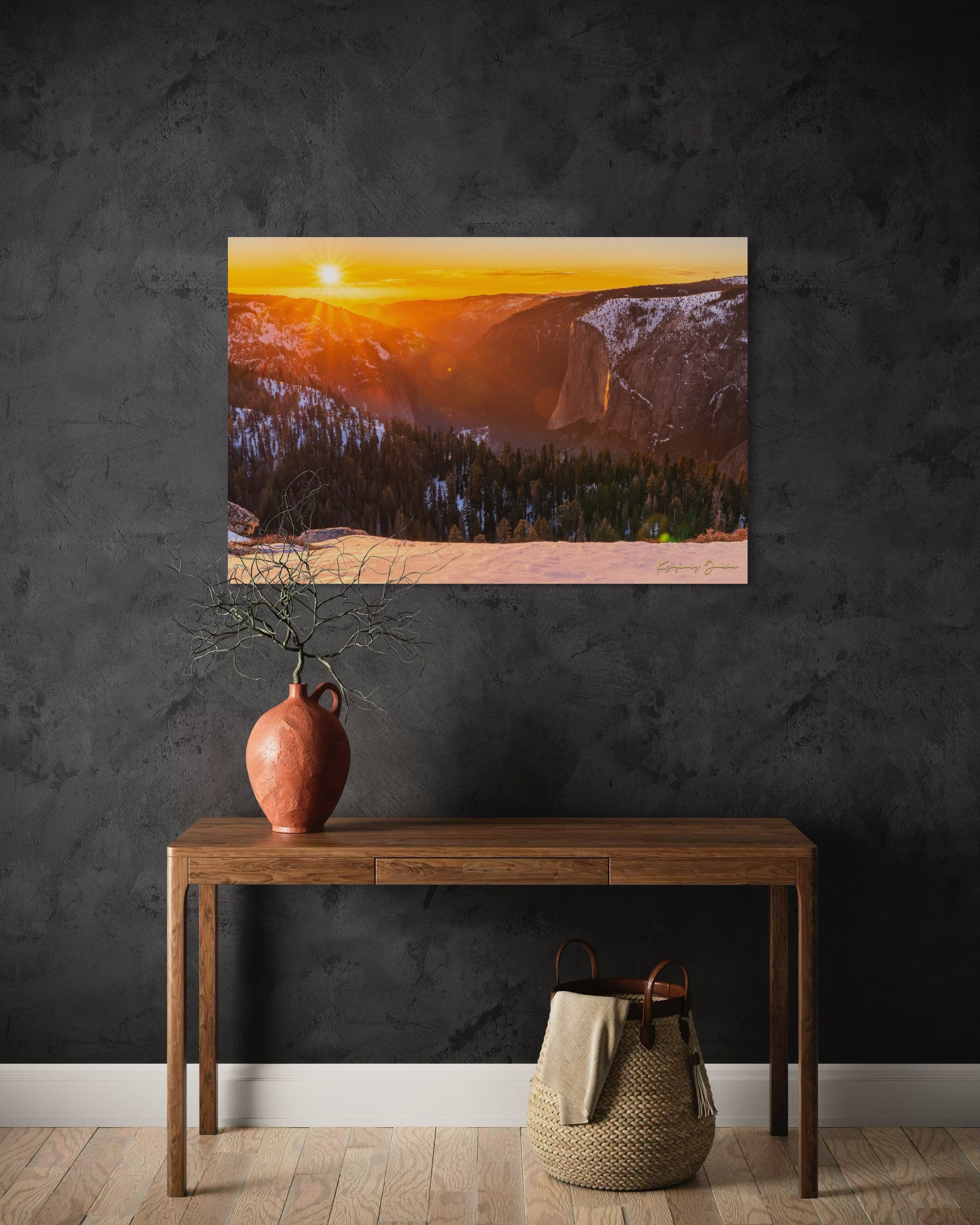 El Capitan monolith in Yosemite National Park illuminated by sunset light, firefall phenomenon visible on Horsetail Fall. #Finish_Acrylic Recess
