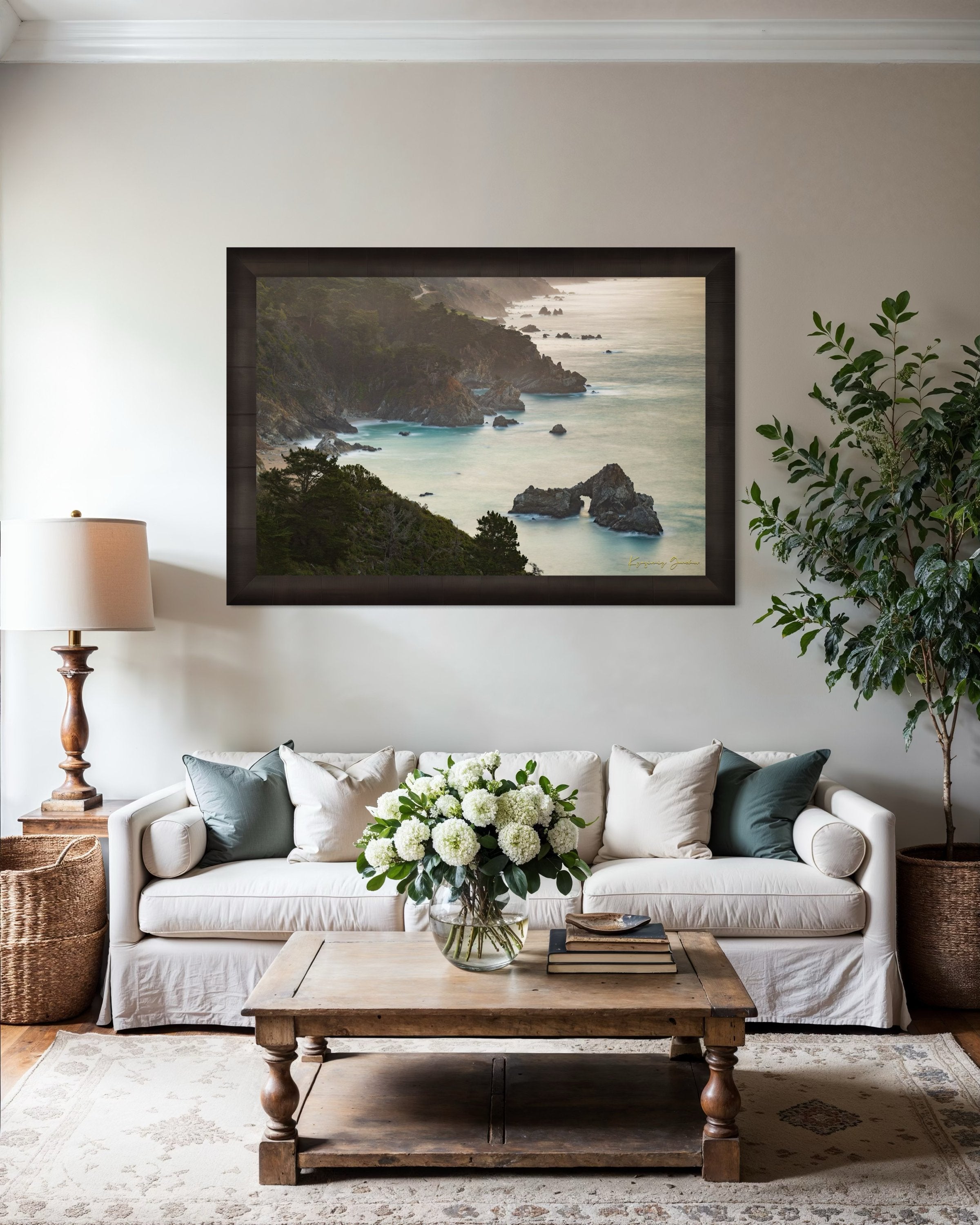 Coastal rock formation known as McWay Rocks at dawn on the Big Sur coastline with lush vegetation and ocean view. #Finish_Roma Dark Ash Frame
