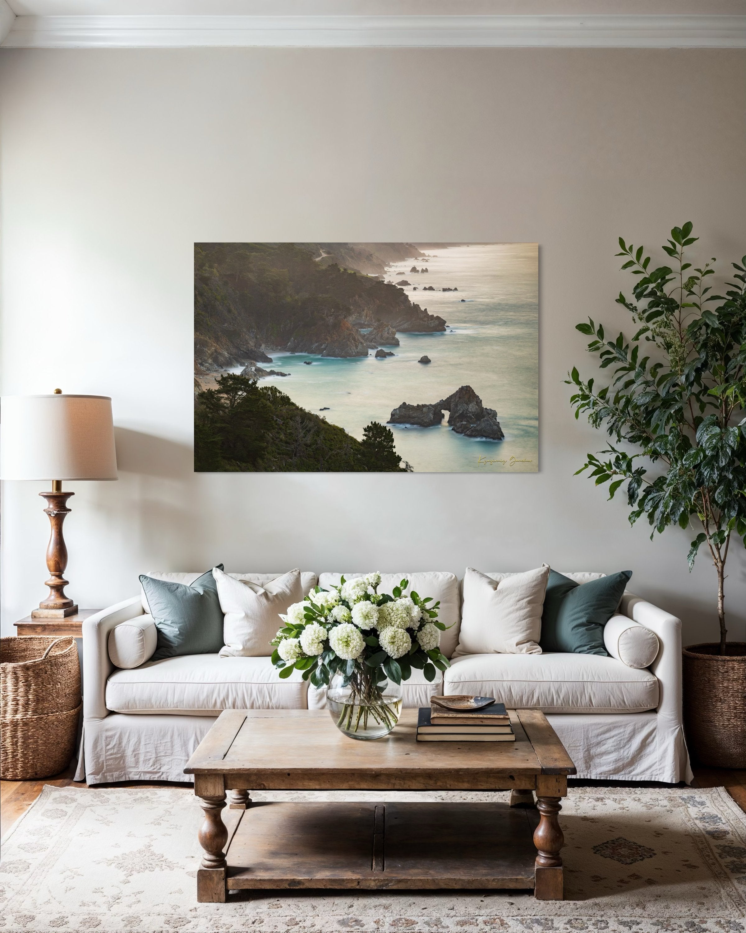 Coastal rock formation known as McWay Rocks at dawn on the Big Sur coastline with lush vegetation and ocean view. #Finish_Acrylic Recess