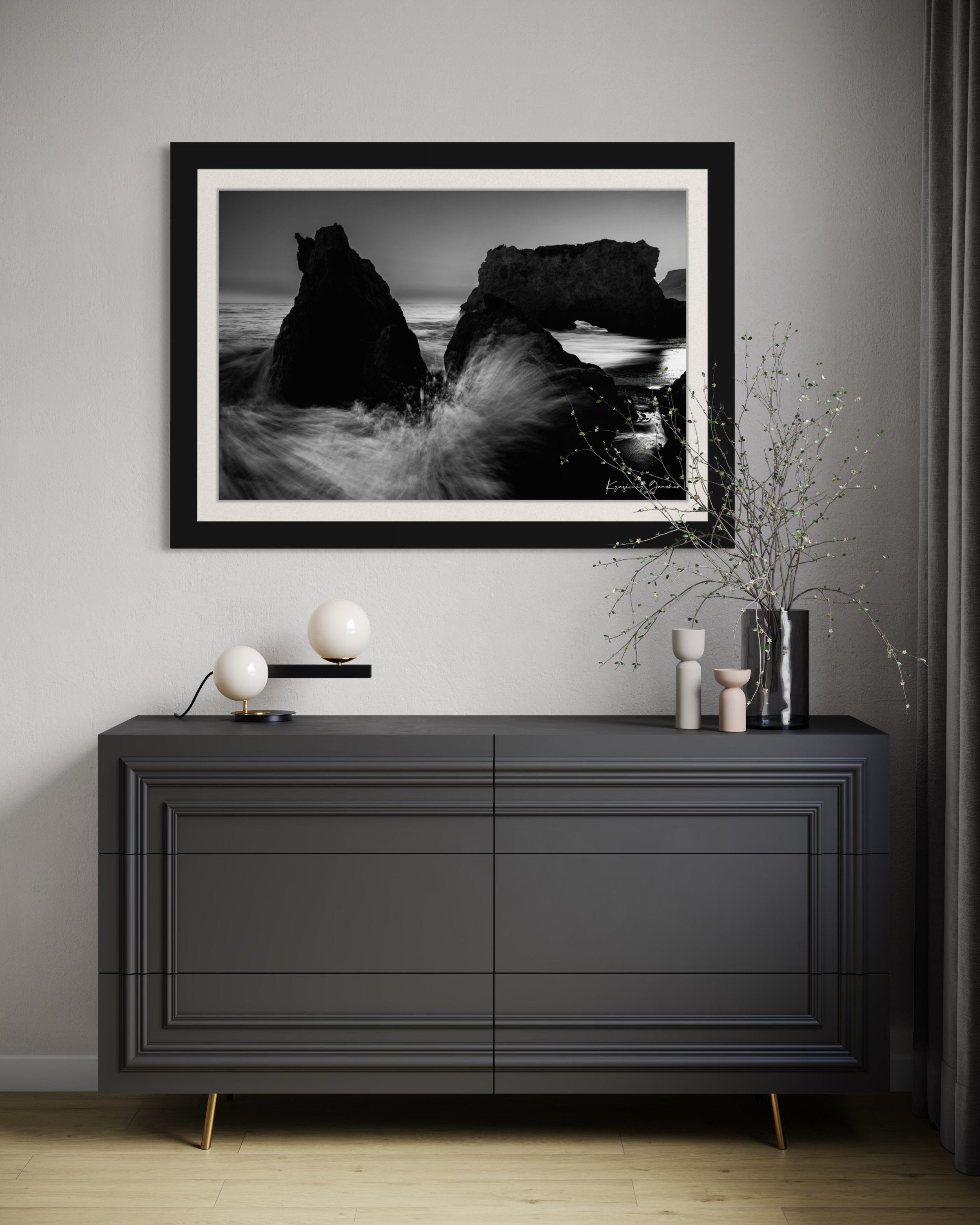 Rock arch formation along the coastal ocean at El Matador Beach, Malibu, California, with crashing waves and dusky atmosphere. #Finish_Roma Satin Black Frame & Bright Liner