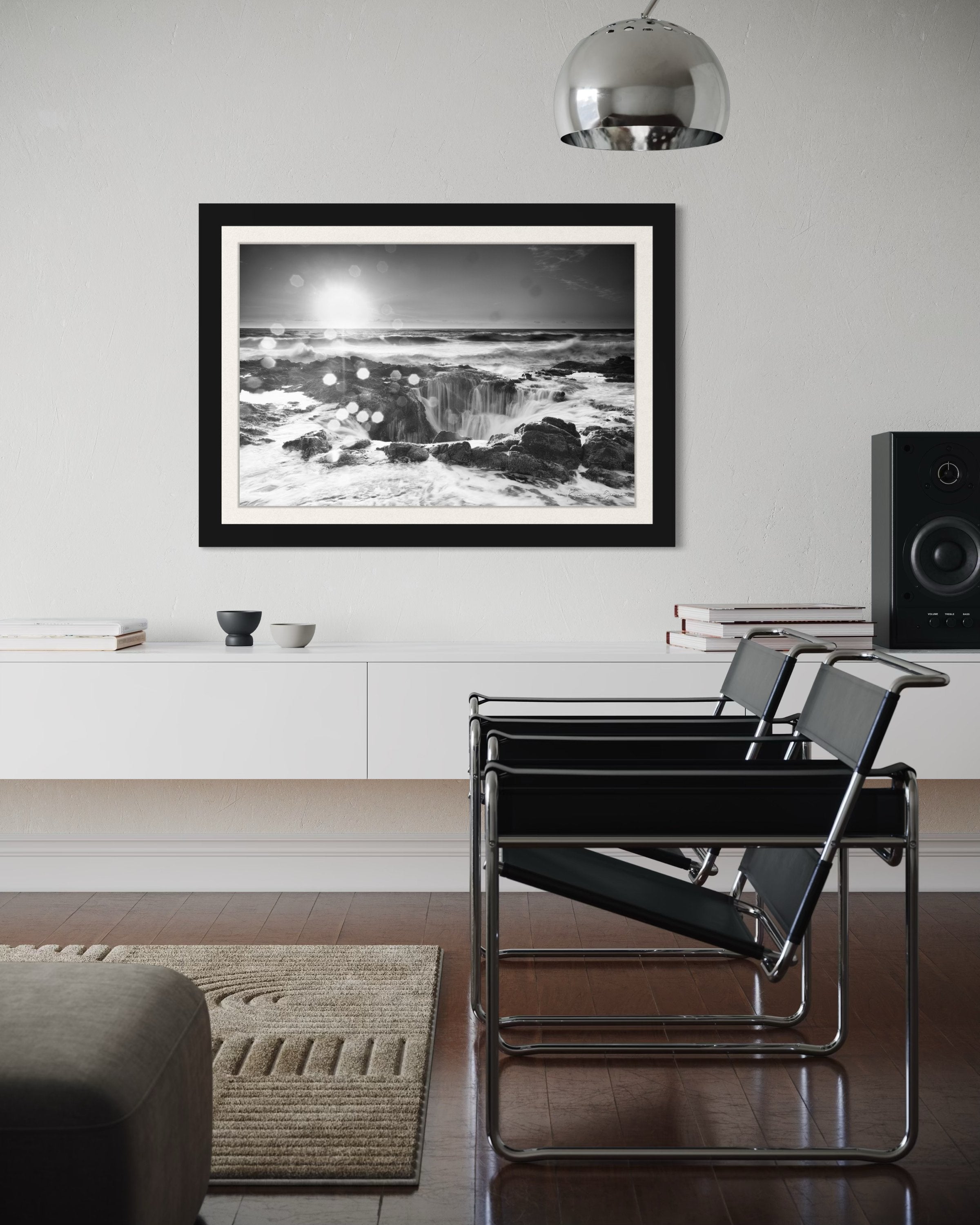 Ocean waves cascading into Thor’s Well on coastal Oregon shore at sunset, hazy conditions. #Finish_Roma Satin Black Frame & Bright Liner